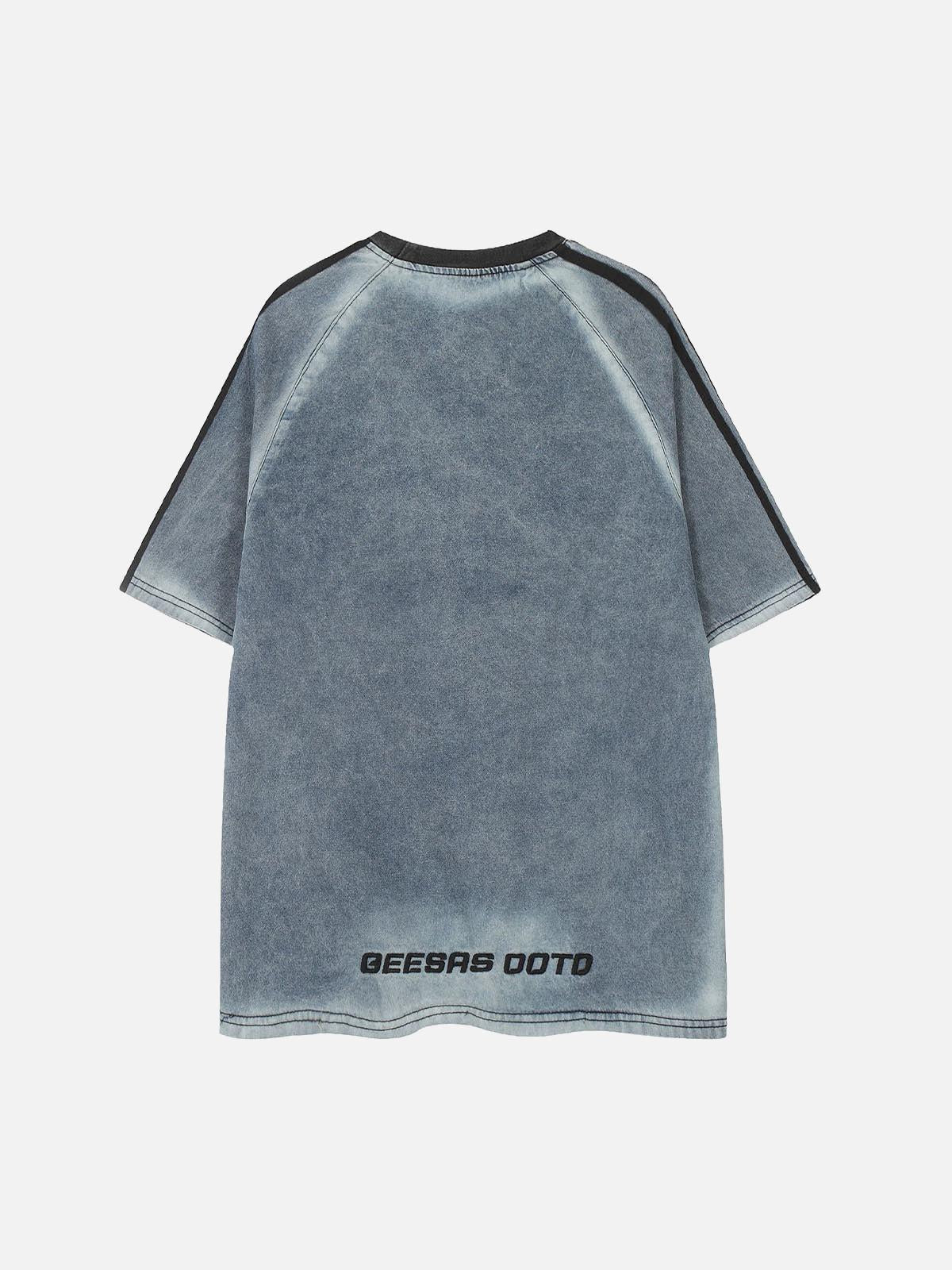 TALISHKO Retro Letter Embroidery Contrast Denim T-Shirt