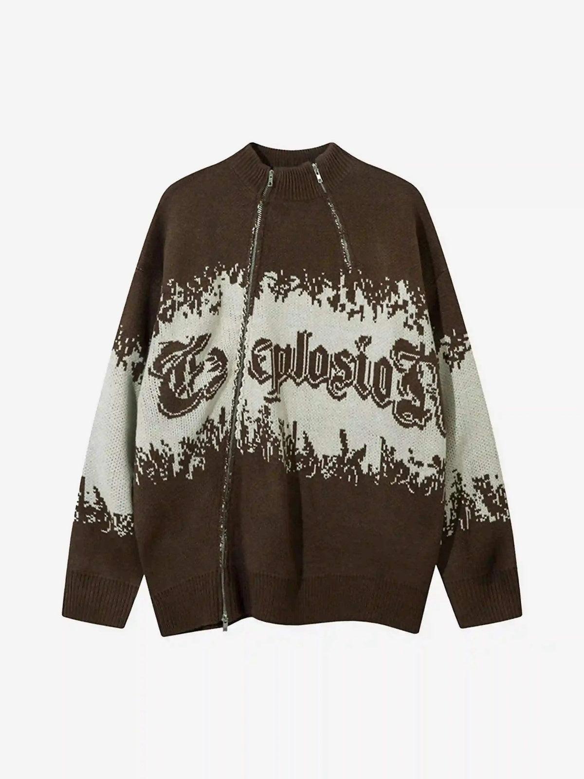 TALISHKO Asymmetric Jacquard Stitching With Two-Way Zipper Sweater