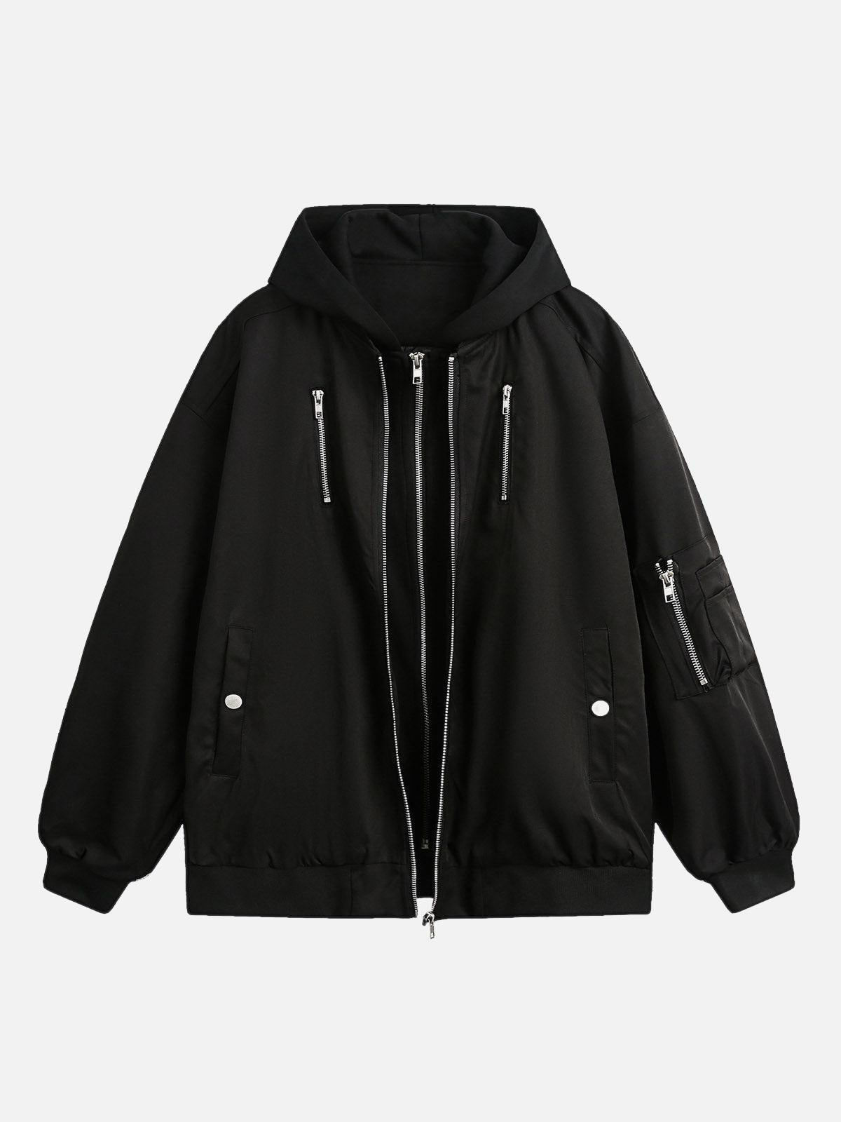 TALISHKO Faux Two-Piece Multi Pocket Spliced Hooded Bomber Jacket