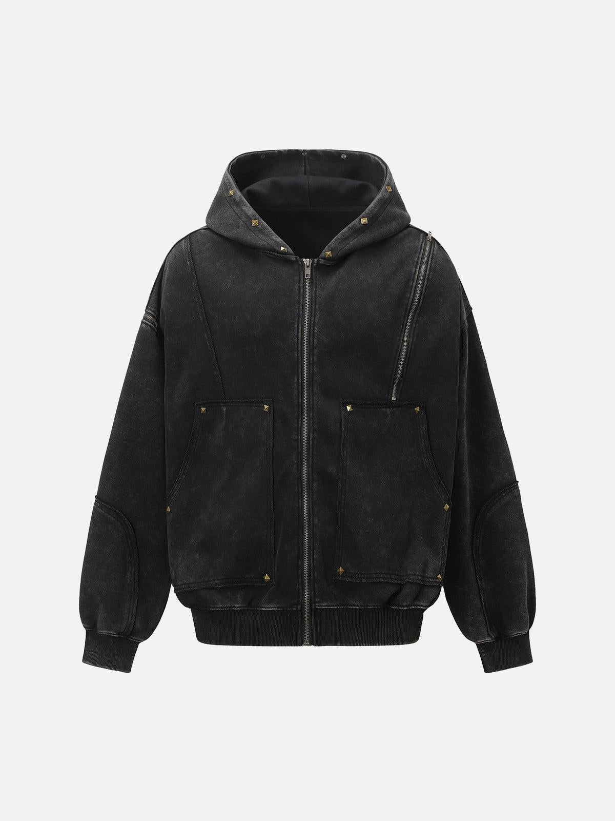 TALISHKO Street Washed Distressed Stitching Rivet Hooded Jacket