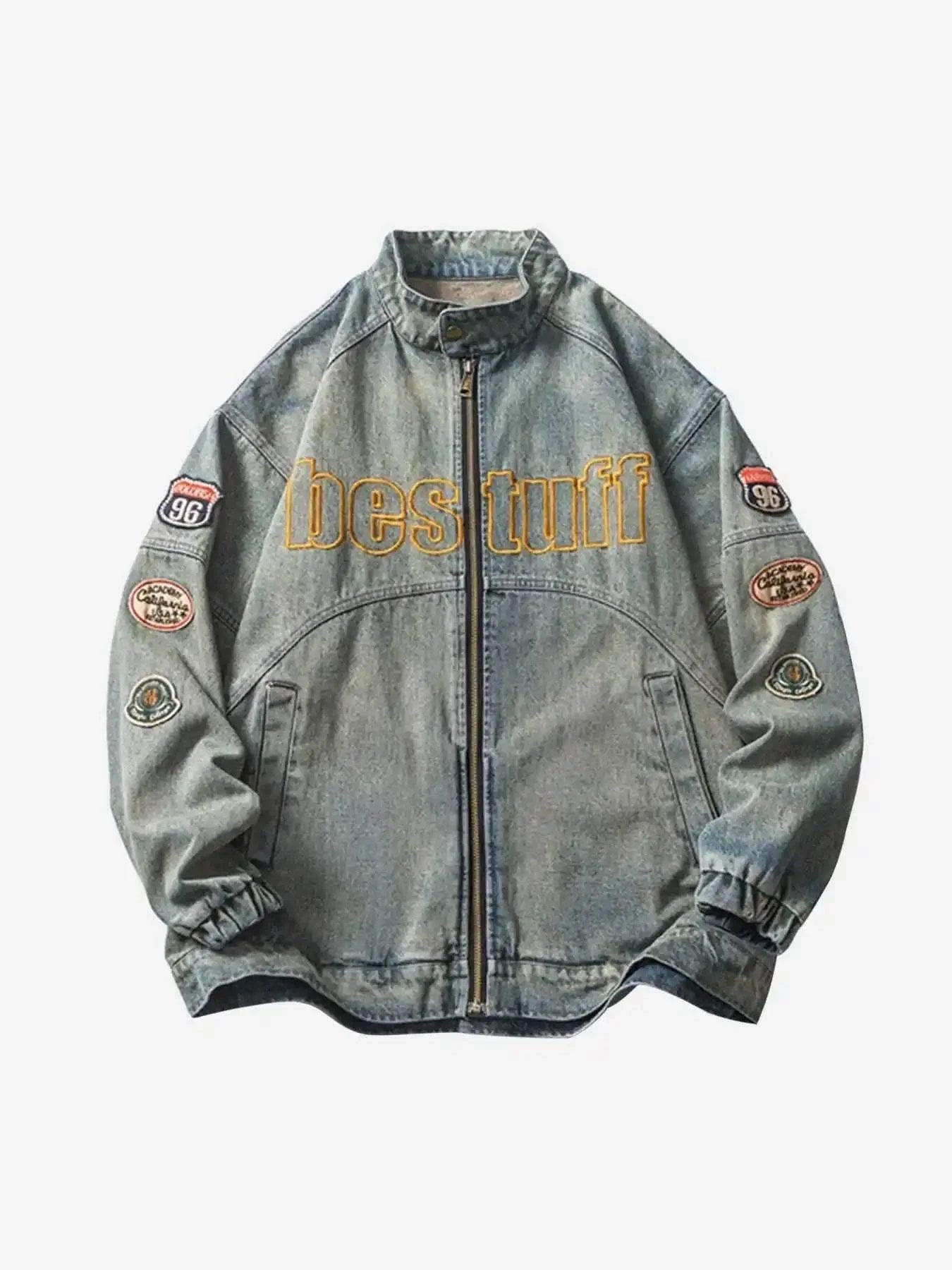 TALISHKO Oversized Hip-Hop Embroidered Patch Denim Jacket