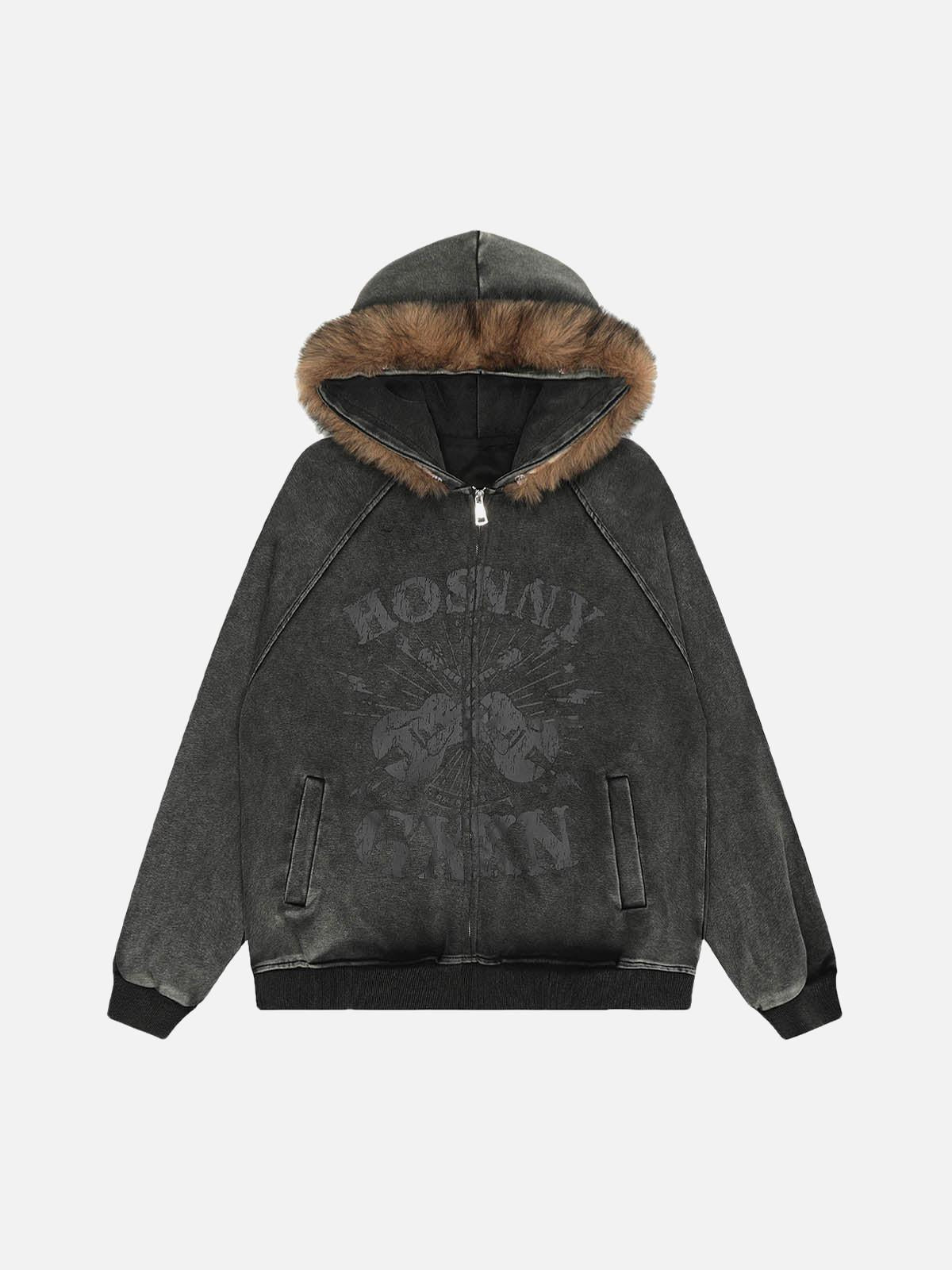 TALISHKO Washed Fur Collar Zip Up Hoodie