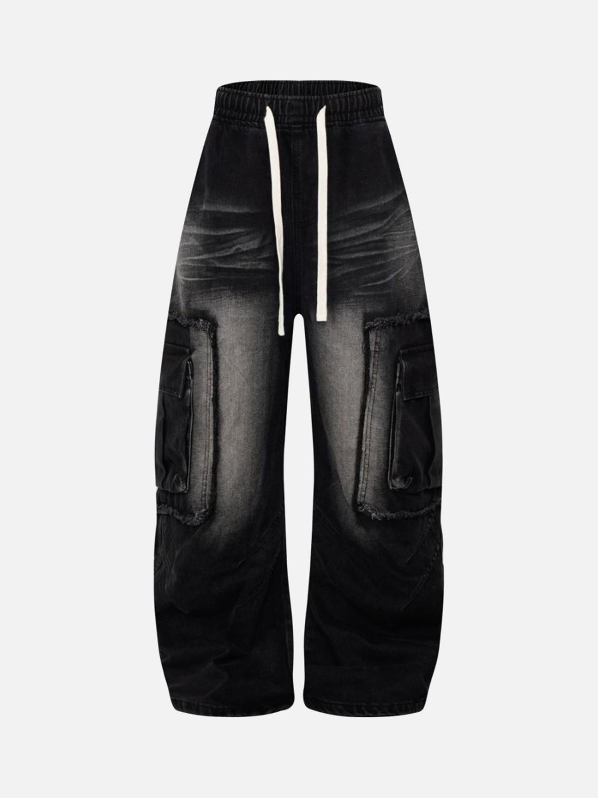 TALISHKO Distressed Raw Edge Cargo Drawstring Barrel Jeans