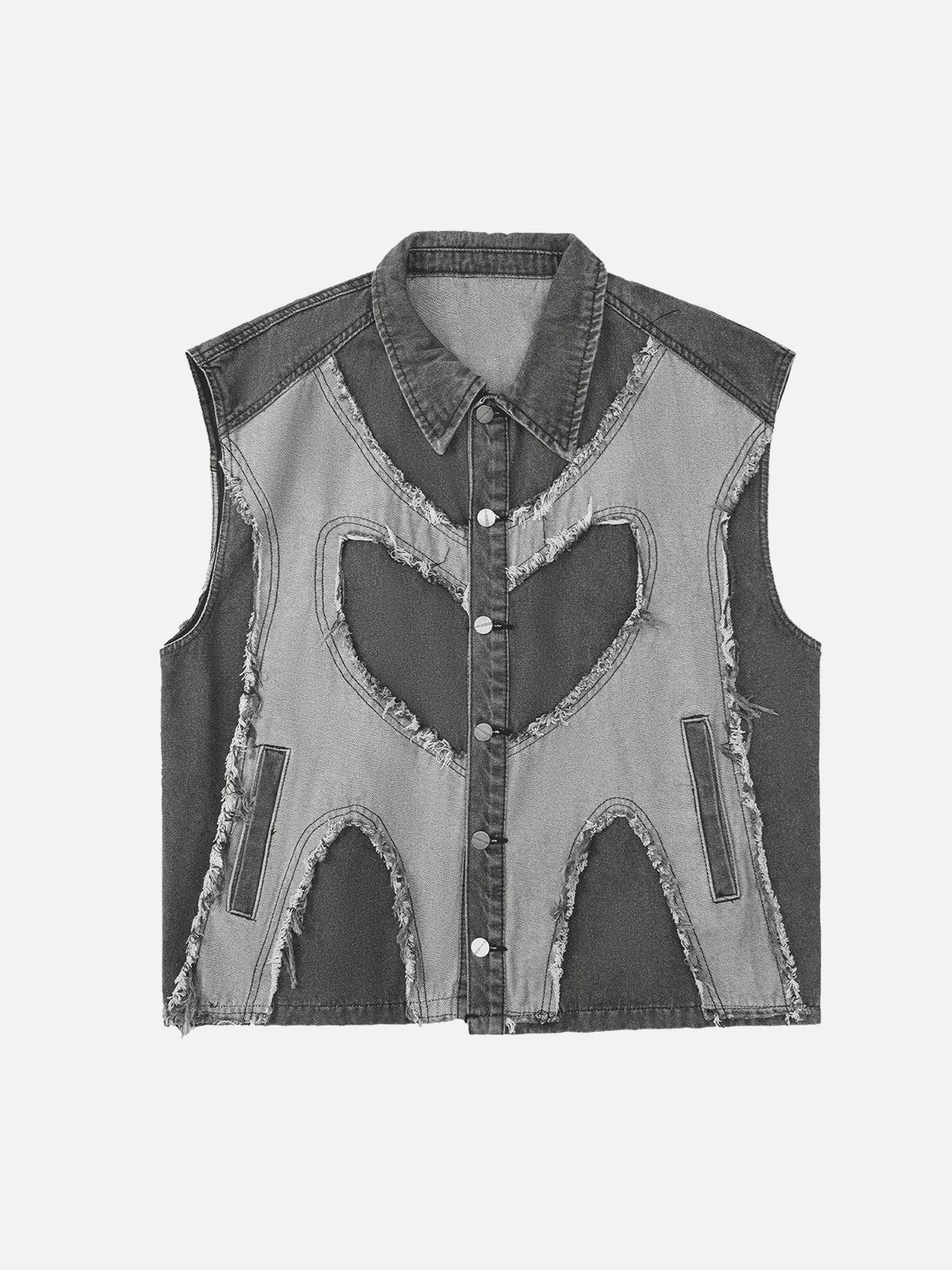 TALISHKO Contrast Denim Heart Stitching Street Rap Vest