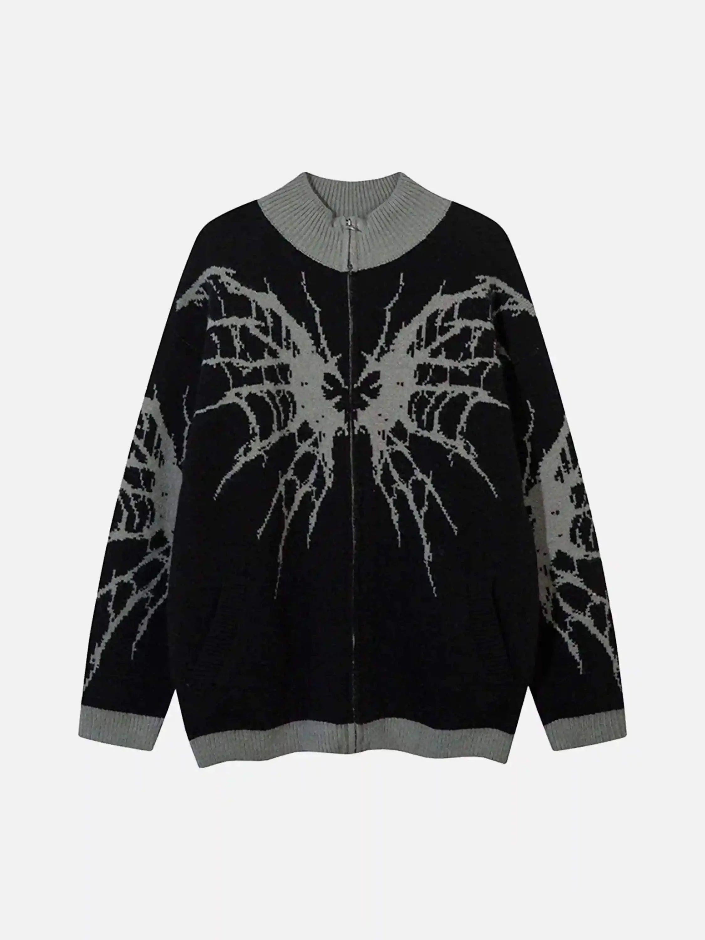 TALISHKO Dark Spider Web Zipper Stand Collar Cardigan