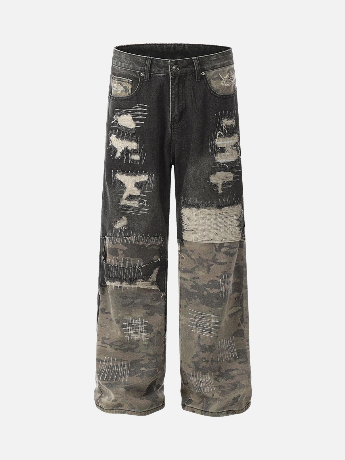 TALISHKO Ripped Camouflage Patchwork Baggy Jeans