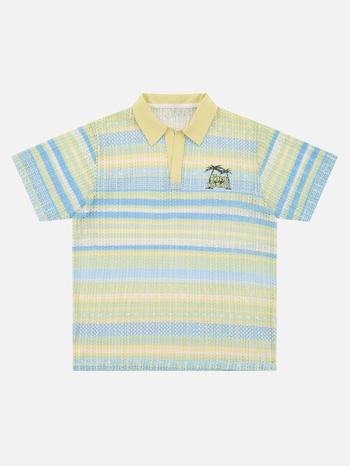 TALISHKO Retro Gradient Striped Hollow POLO Shirt