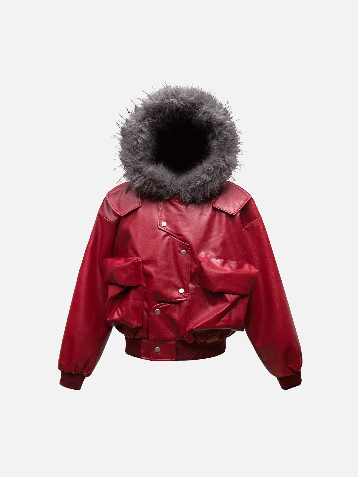 TALISHKO Deconstructed Multi Pocket Fur Hooded PU Leather Jacket