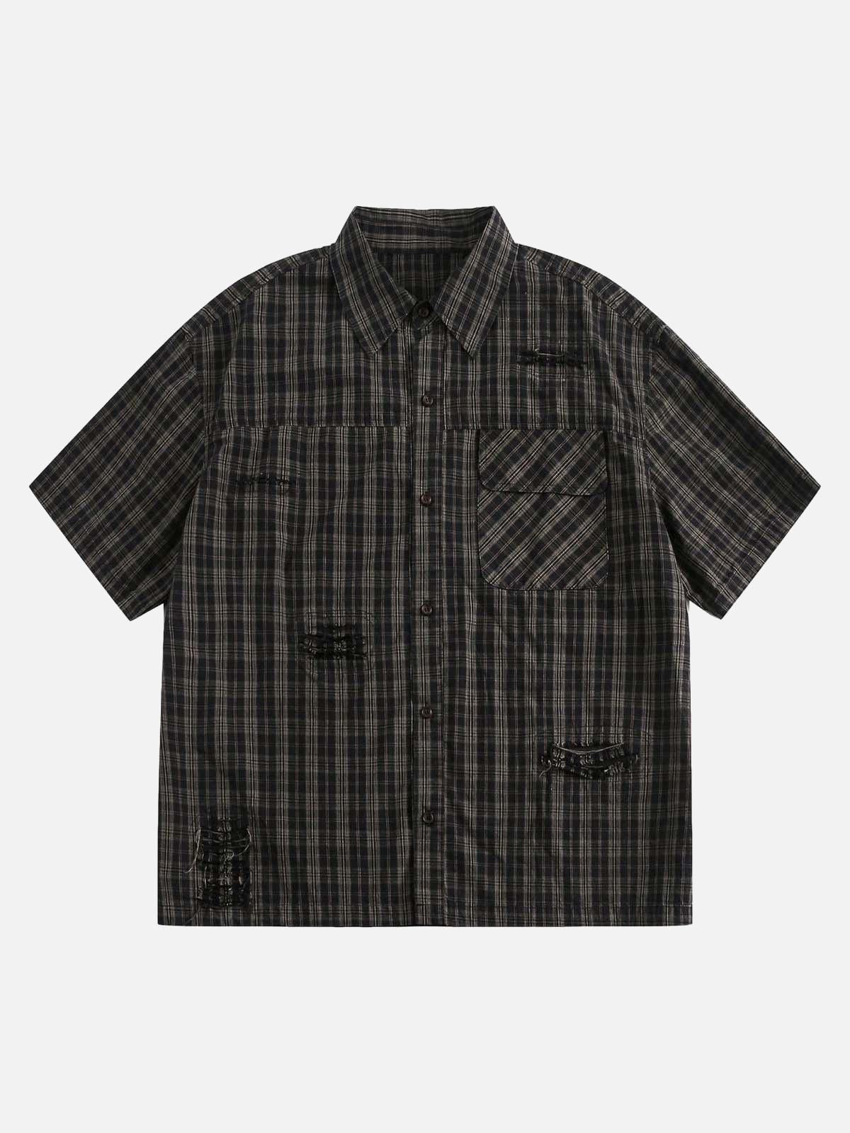 TALISHKO Distressed Plaid Short-Sleeve Shirt