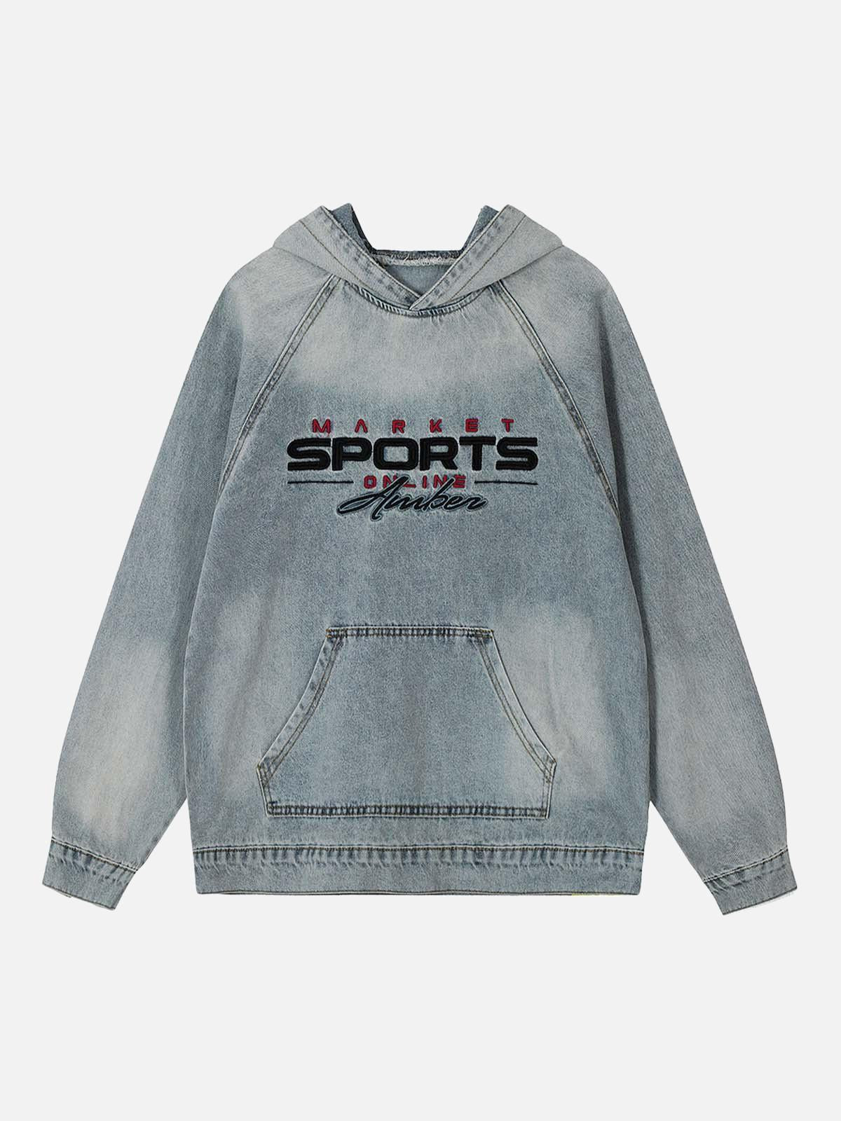 TALISHKO Embroidered Washed Distressed Denim Hoodie