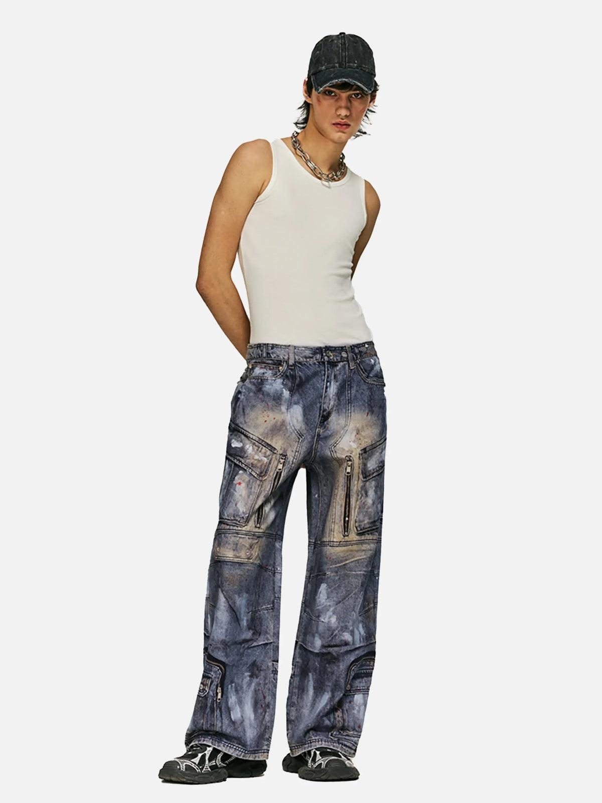 TALISHKO Multi-Pocket Dirty Overalls Jeans