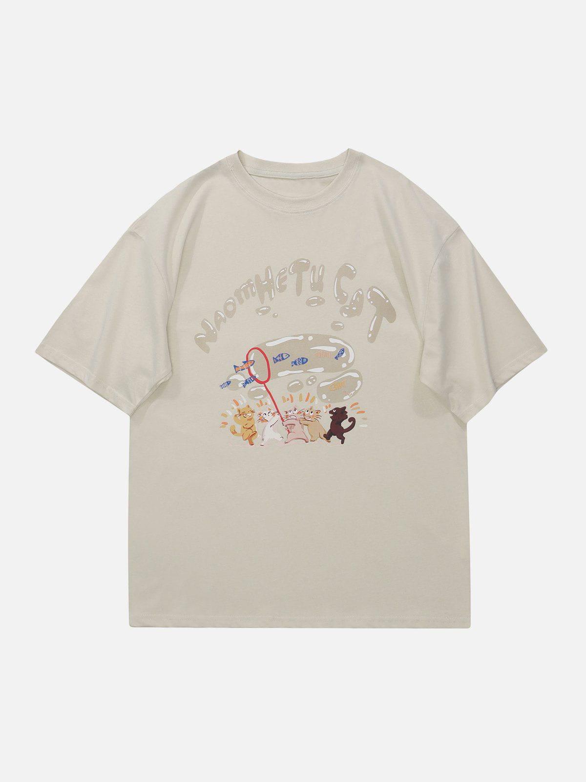 TALISHKO Cartoon Kitten Fishing Graphic Tee