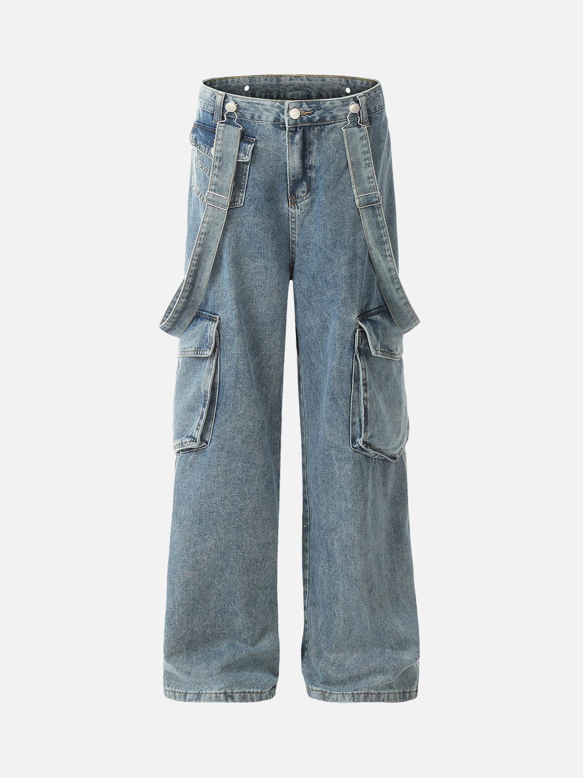 TALISHKO Retro Detachable Strap Multi-Pocket Jeans