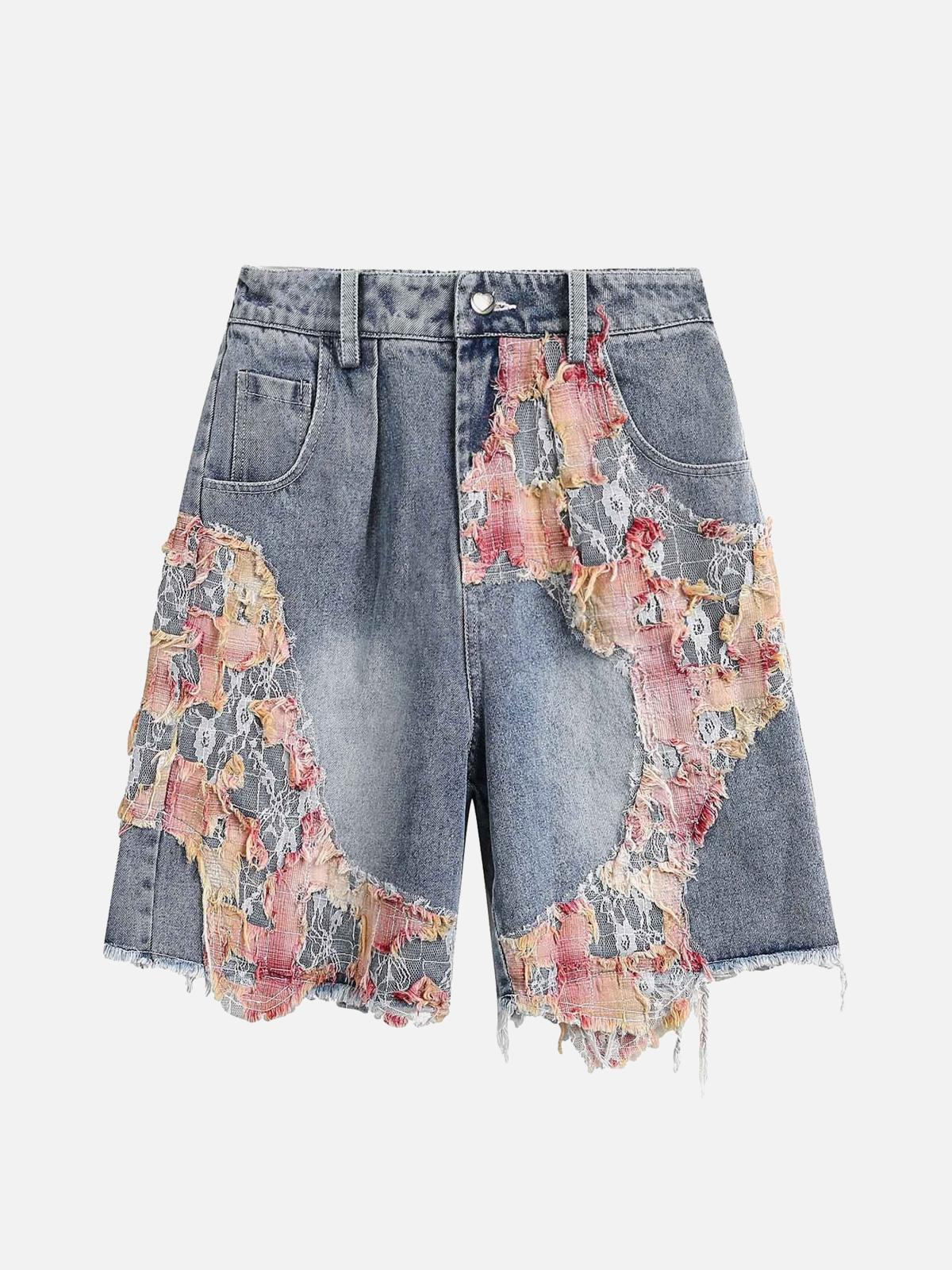 TALISHKO Craftsmanship Ripped Floral Denim Shorts