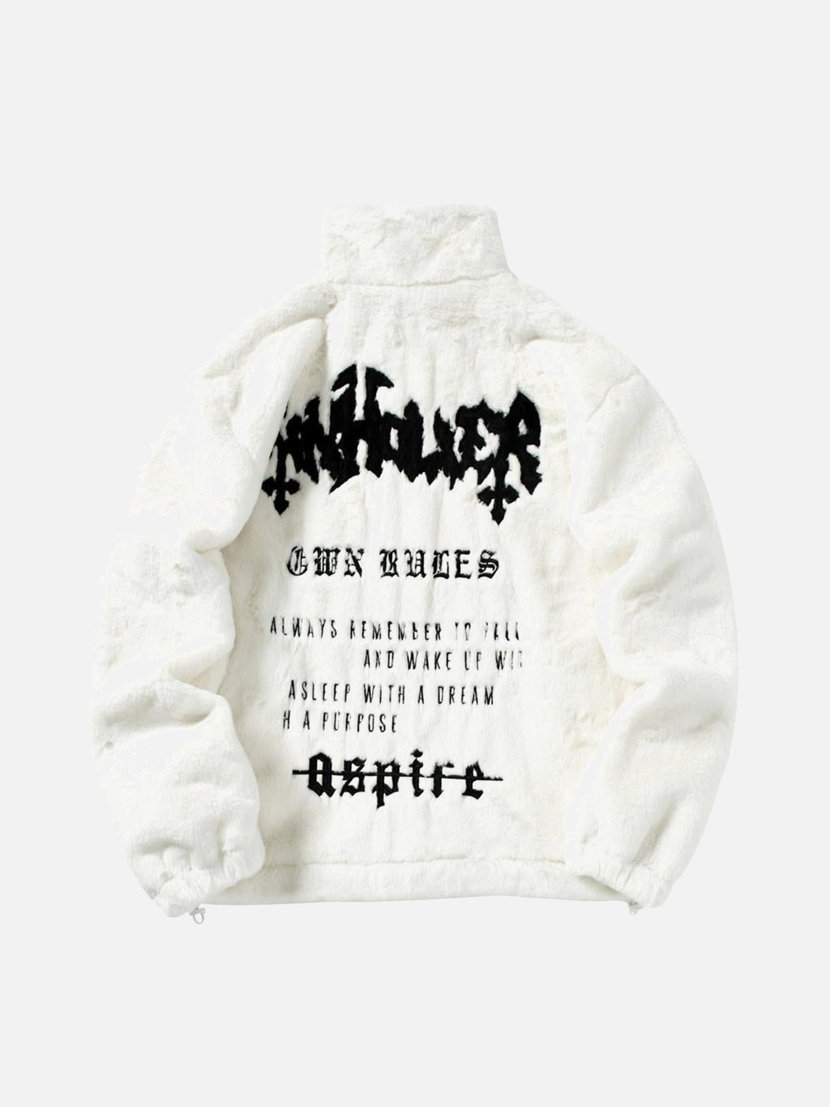 TALISHKO Hip-Hop Letter Stand Collar Fur Jacket