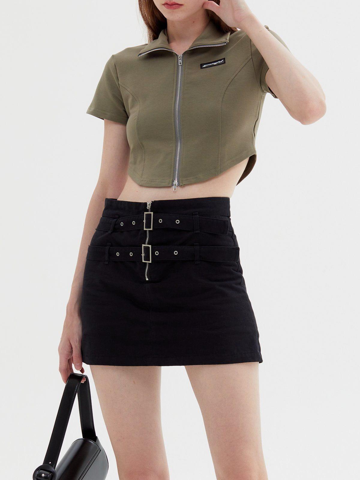 TALISHKO Solid Zip Up Cropped Tee