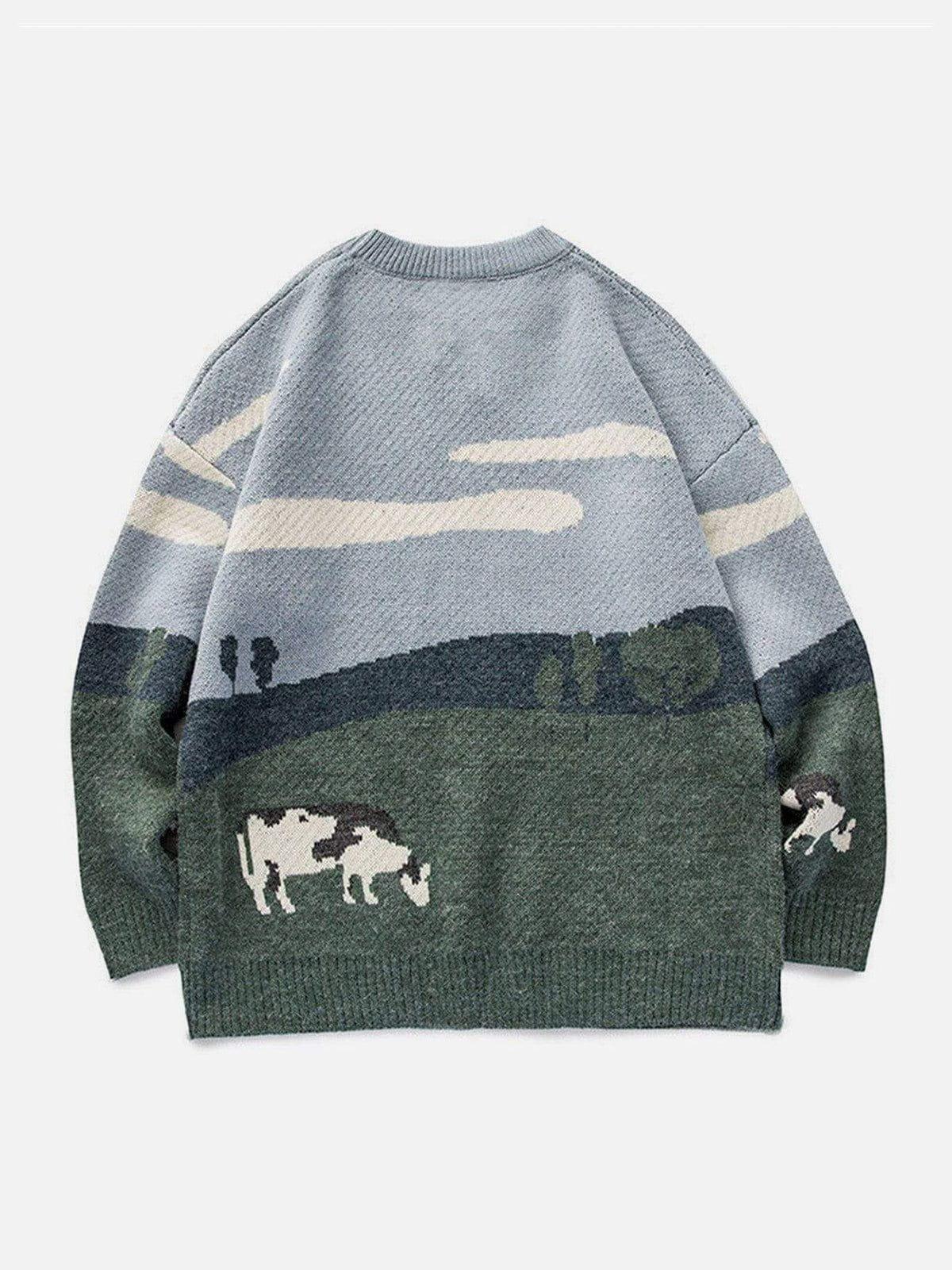 TALISHKO Vintage Prairie Cow Pattern Streetwear Sweater