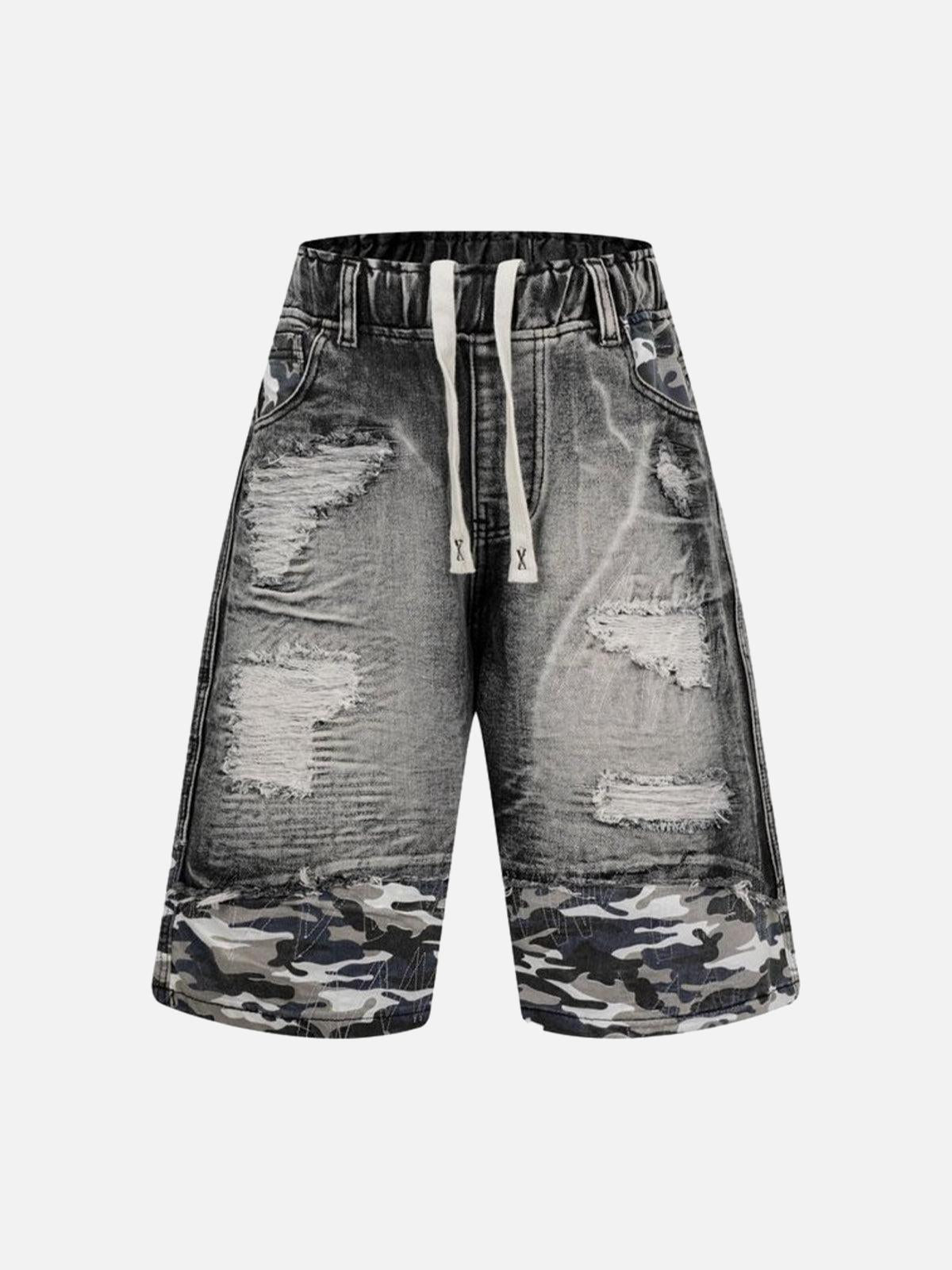 TALISHKO Distressed Camouflage Denim Shorts