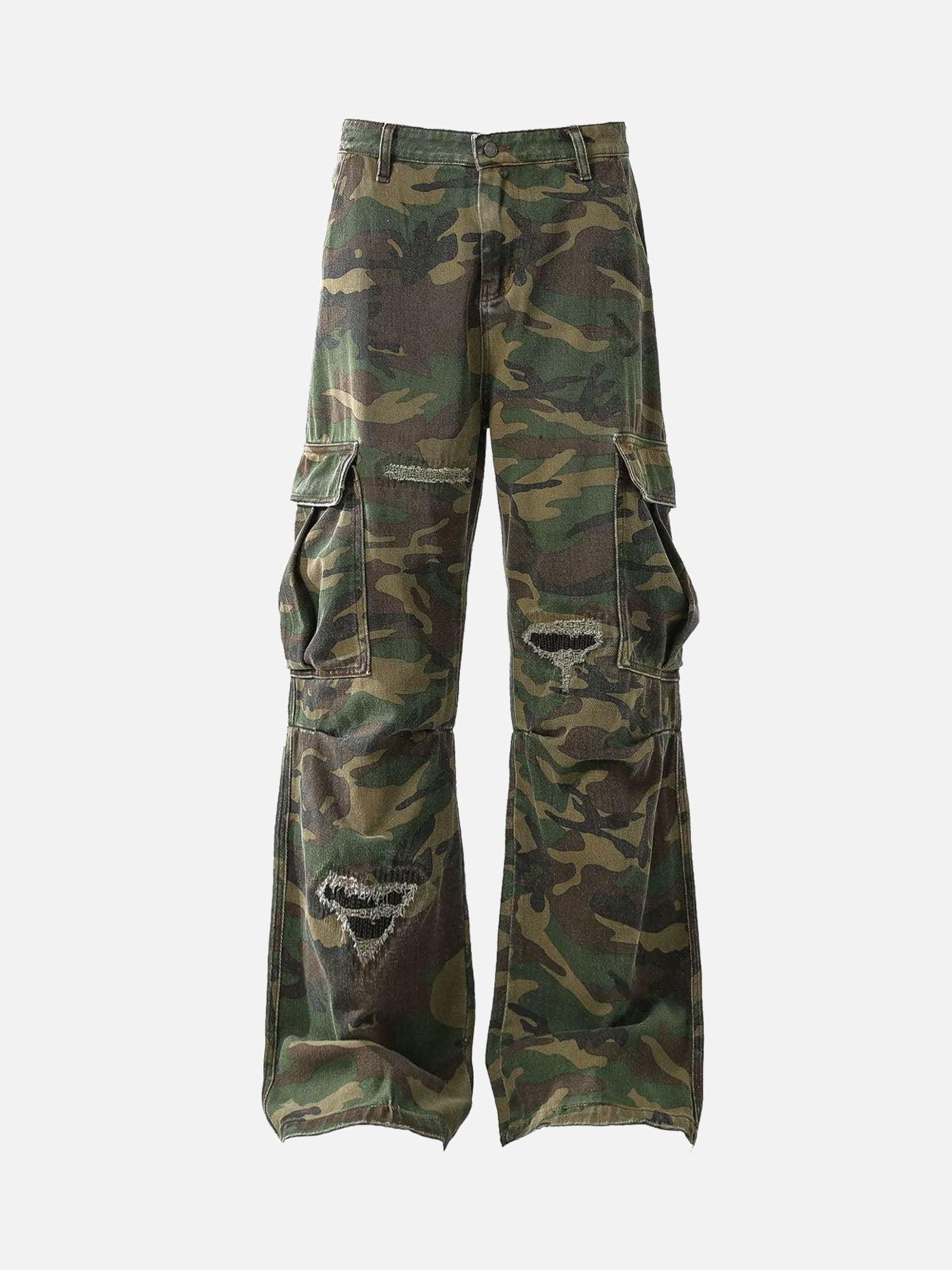 TALISHKO Ripped Camouflage Flared Cargo Pants