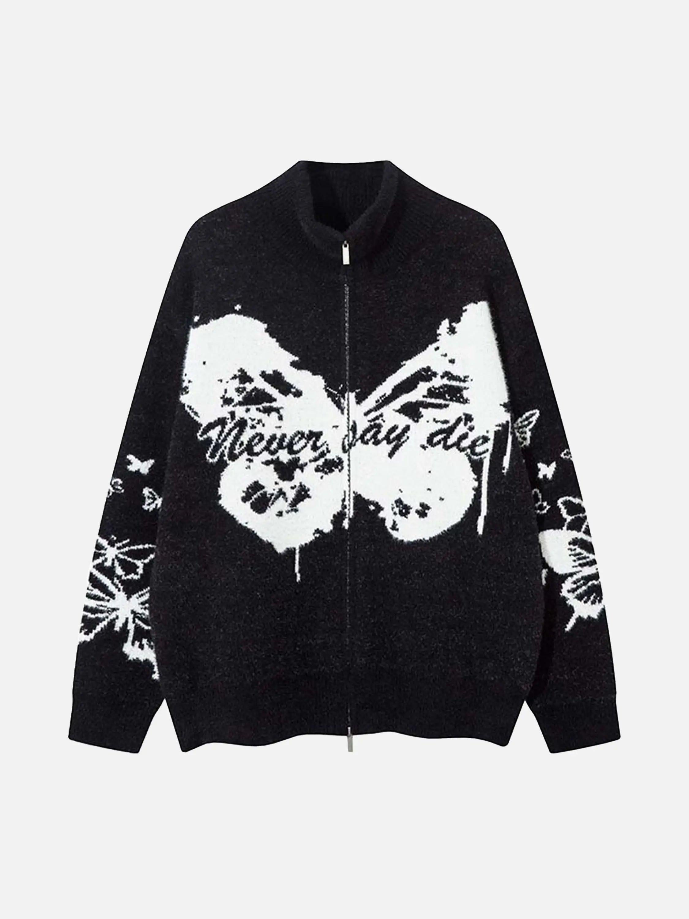TALISHKO Hand-Painted Slogan Butterfly Jacquard Cardigan