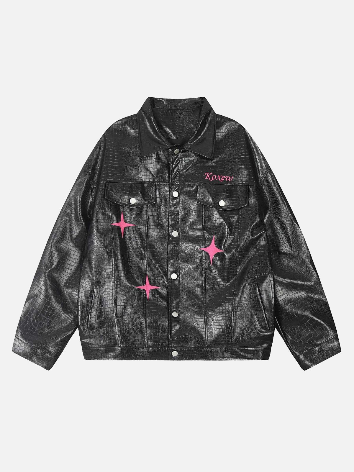 TALISHKO Star Embroidered PU Leather Jacket