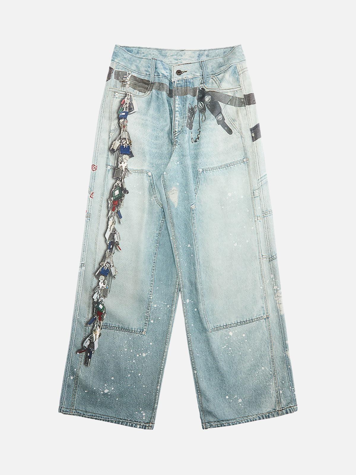 TALISHKO Distressed Washed Ink-Splashed Chain Print Baggy Jeans