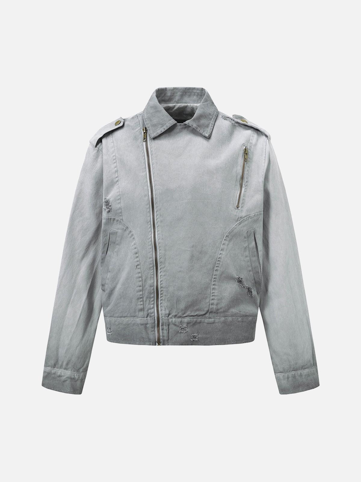 TALISHKO Distressed Irregular Zip Up Denim Jacket