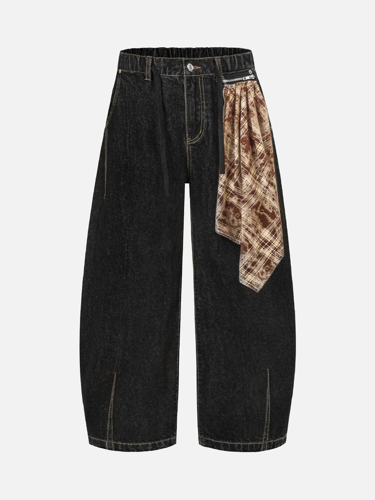 TALISHKO Patchwork Plaid Pleated Baggy Barrel Jeans