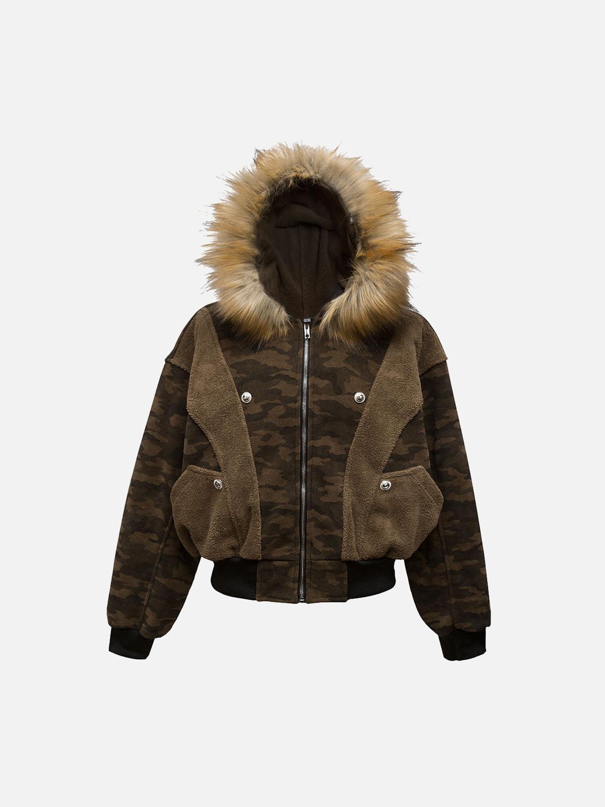 TALISHKO Camouflage Spliced Fur Hooded Fleece Jacket