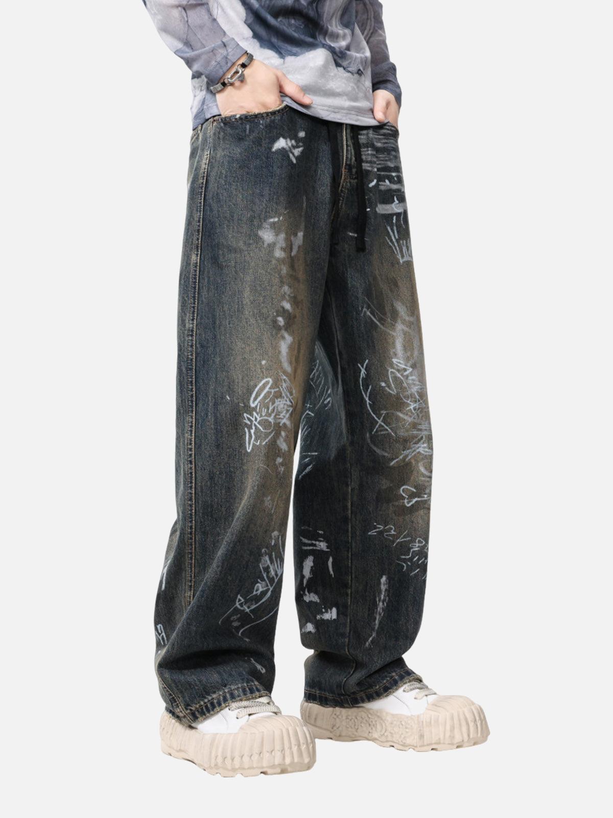 TALISHKO Print Hand-Painted Graffiti Drawstring Baggy Jeans