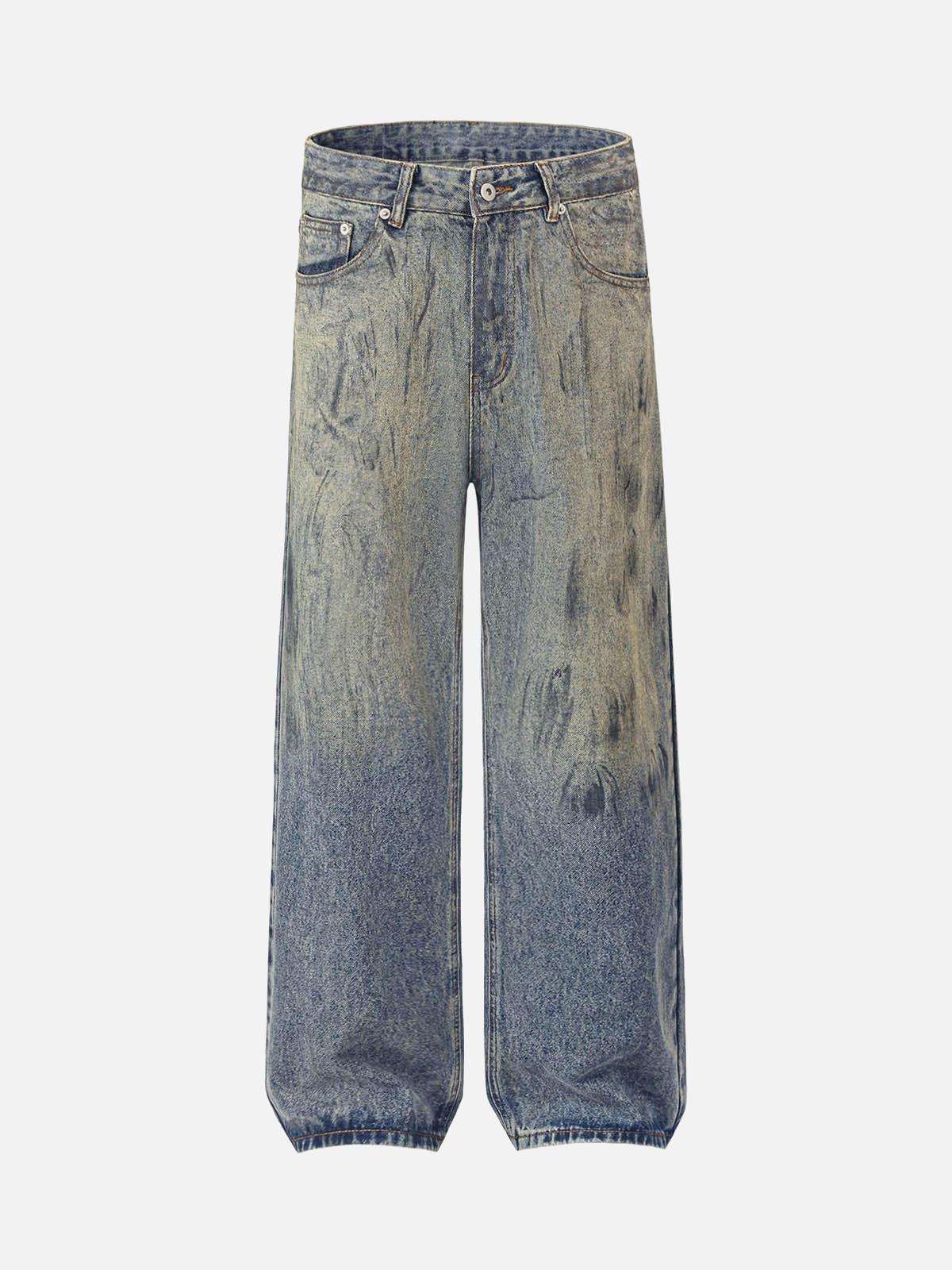TALISHKO Distressed Washed Ink Splashed Straight Jeans