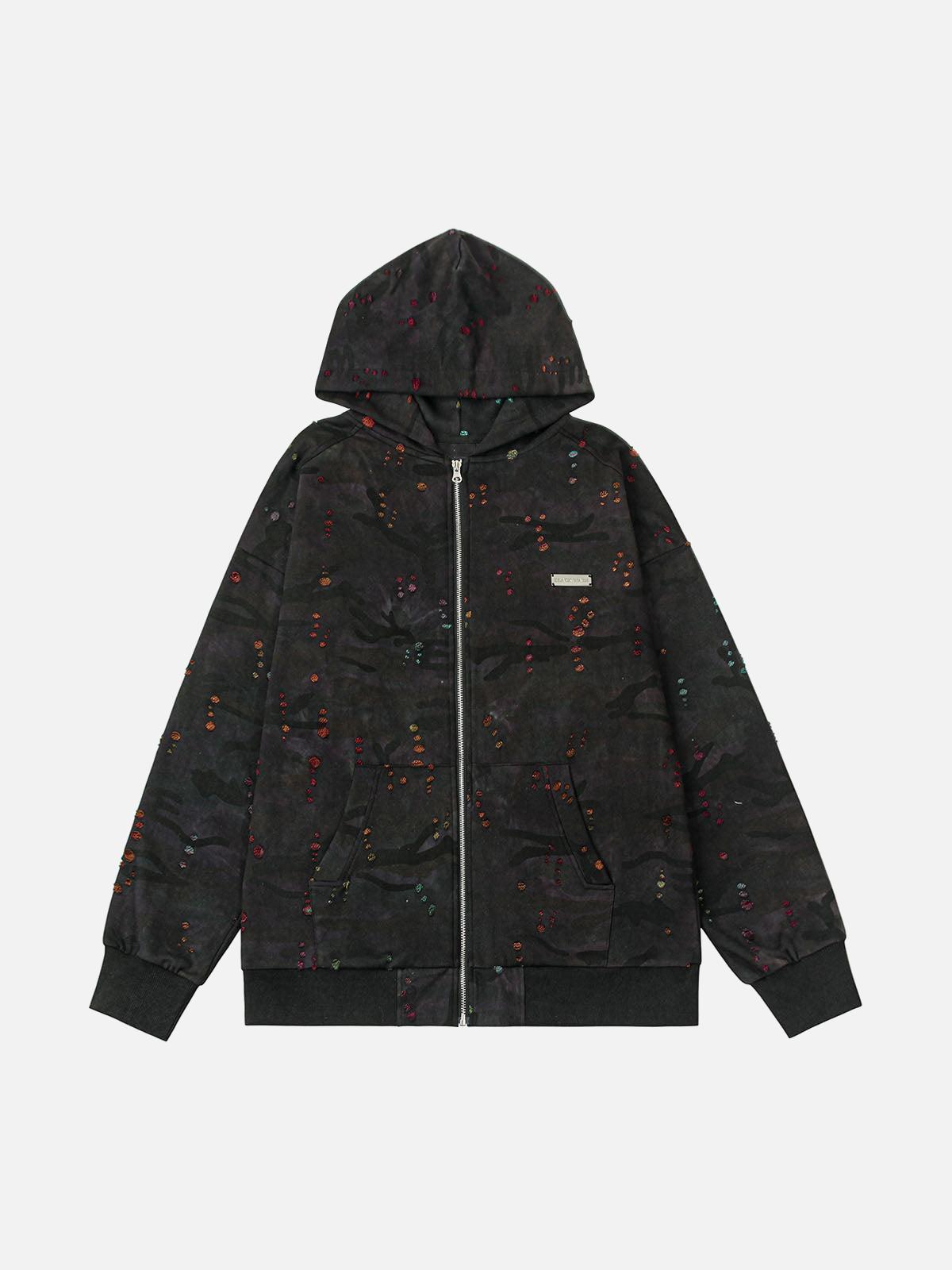 TALISHKO Washed Distressed Zipper Hooded Jacket