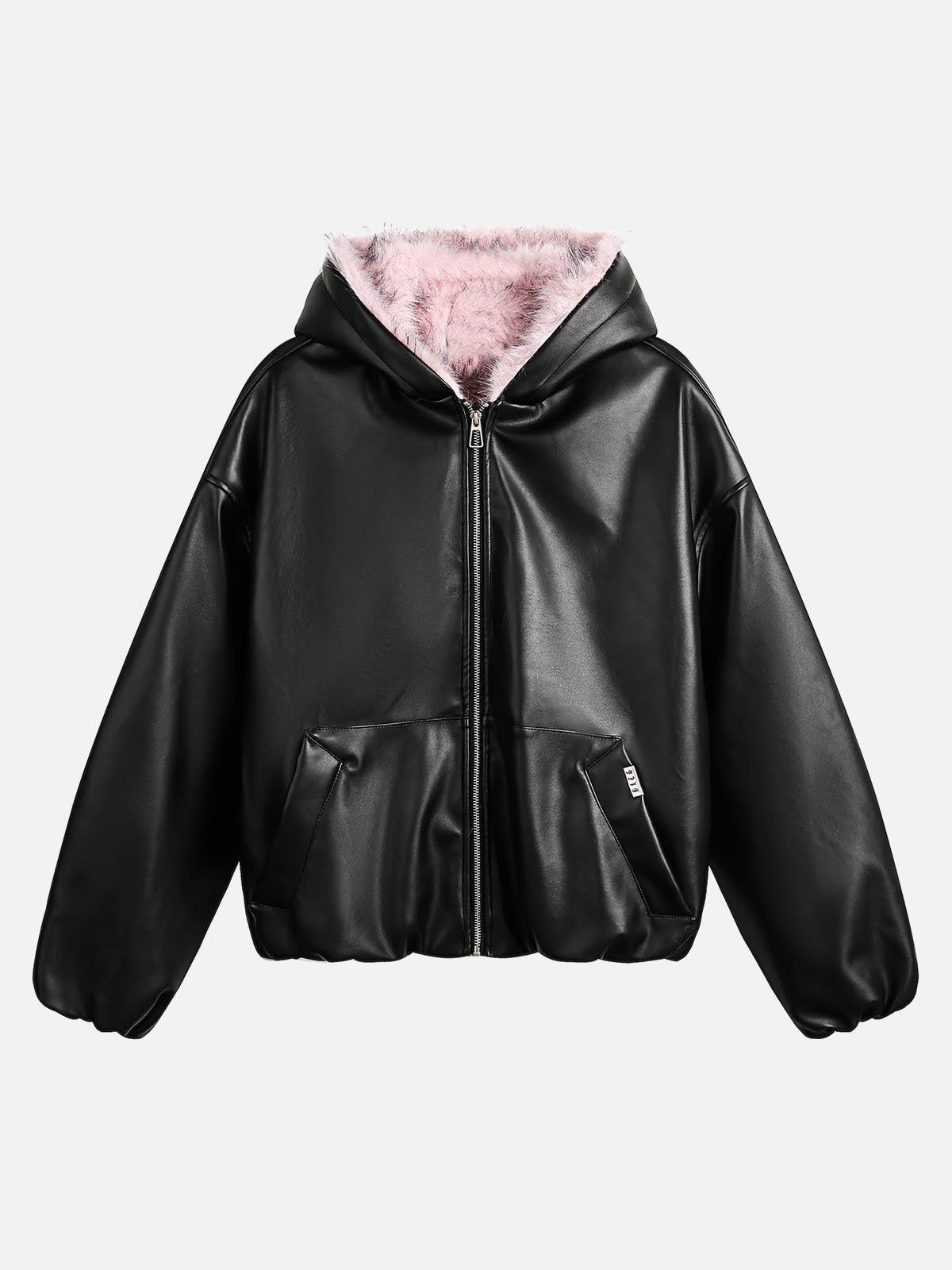 TALISHKO Leather Pink Fur Hooded Quilted Jacket
