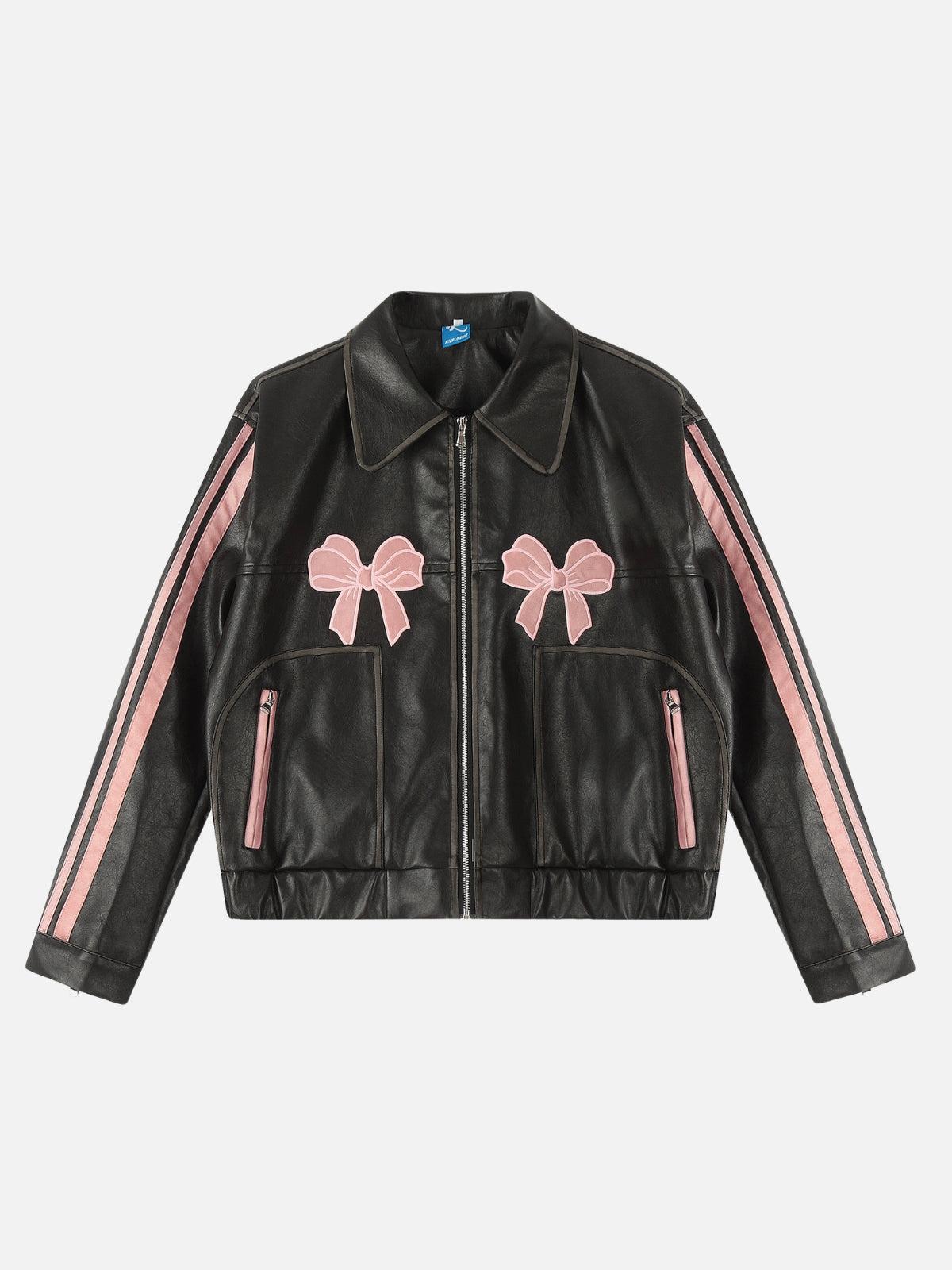 TALISHKO Embroidery Bow Faux Leather Jacket