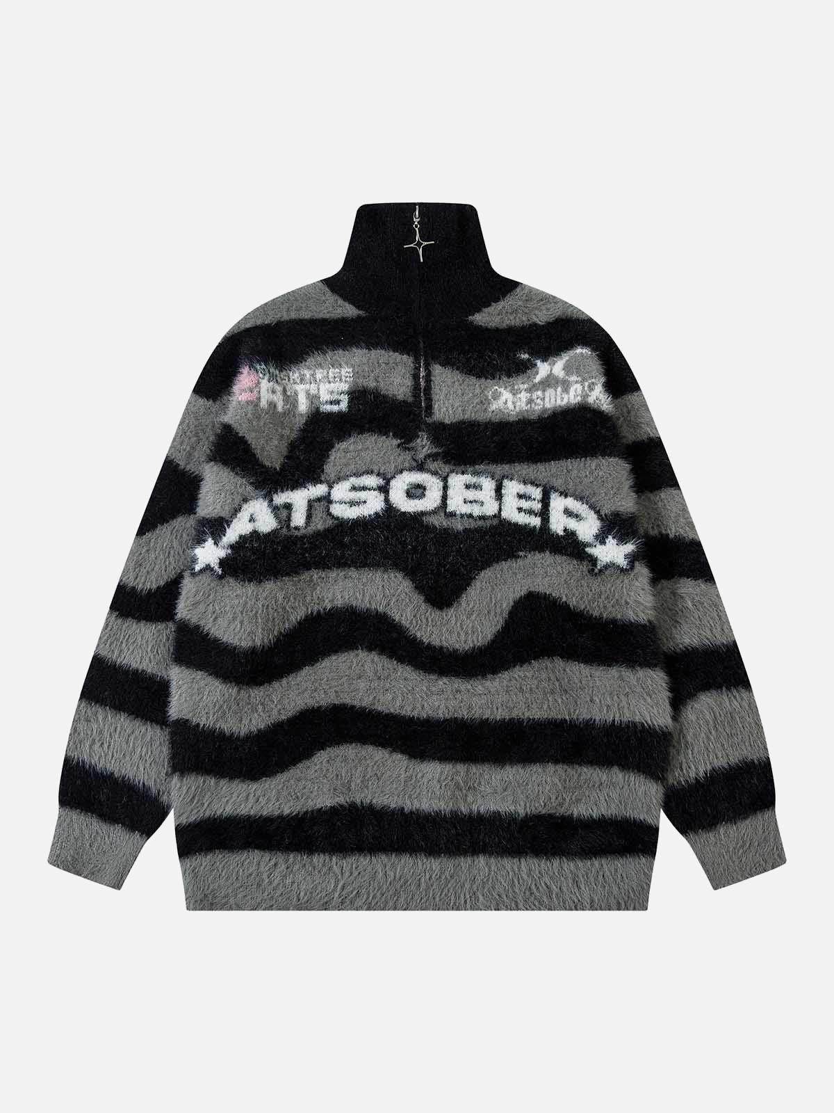 TALISHKO Stand Collar Striped Zip Up Fleece Sweater