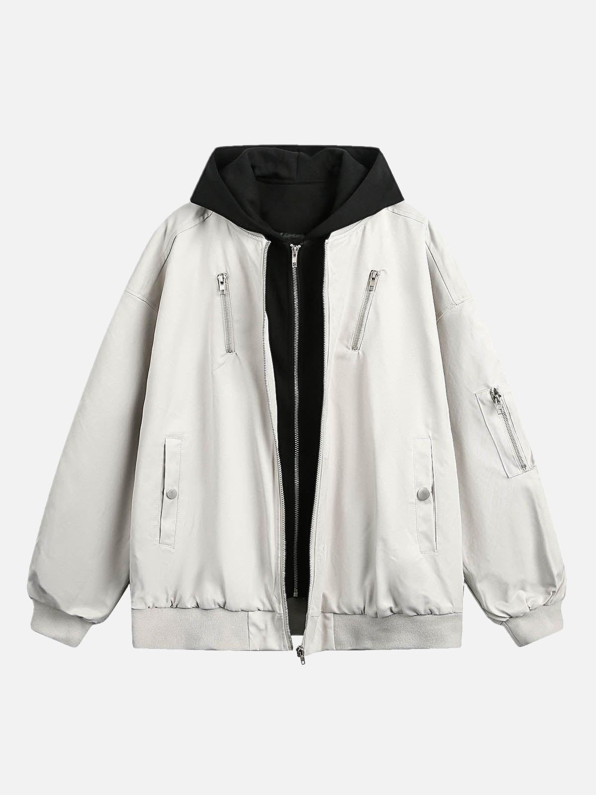 TALISHKO Faux Two-Piece Multi Pocket Spliced Hooded Bomber Jacket