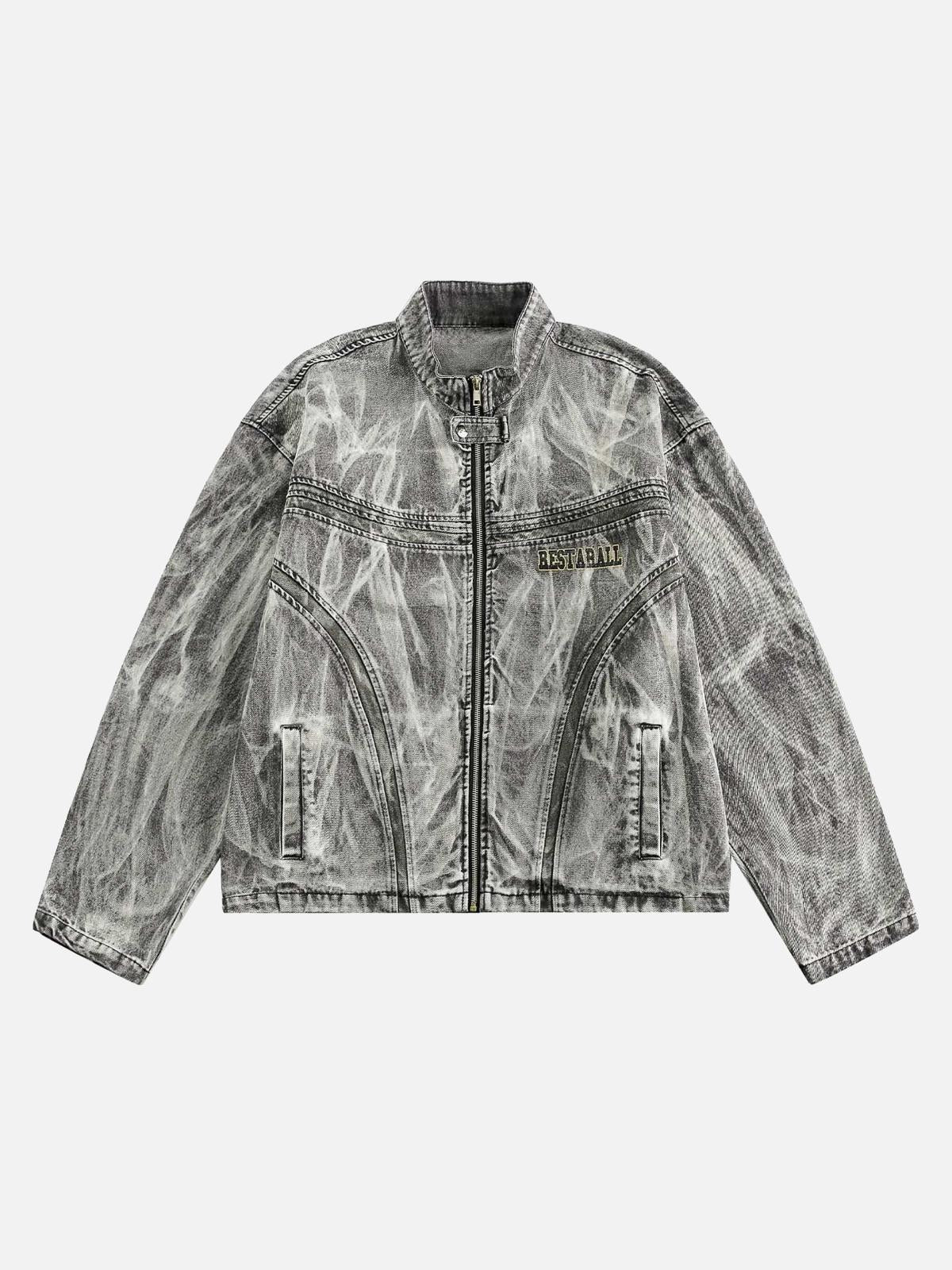 TALISHKO Hip-Hop Distressed Washed Printed Denim Jacket