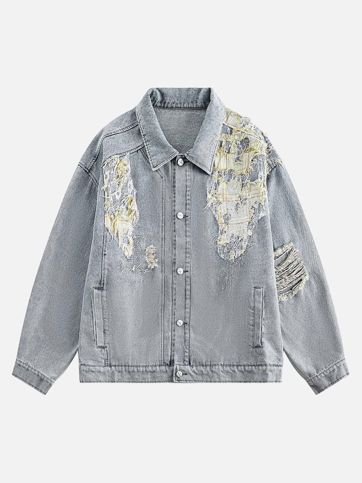 TALISHKO Ripped Lace Panel Denim Jacket