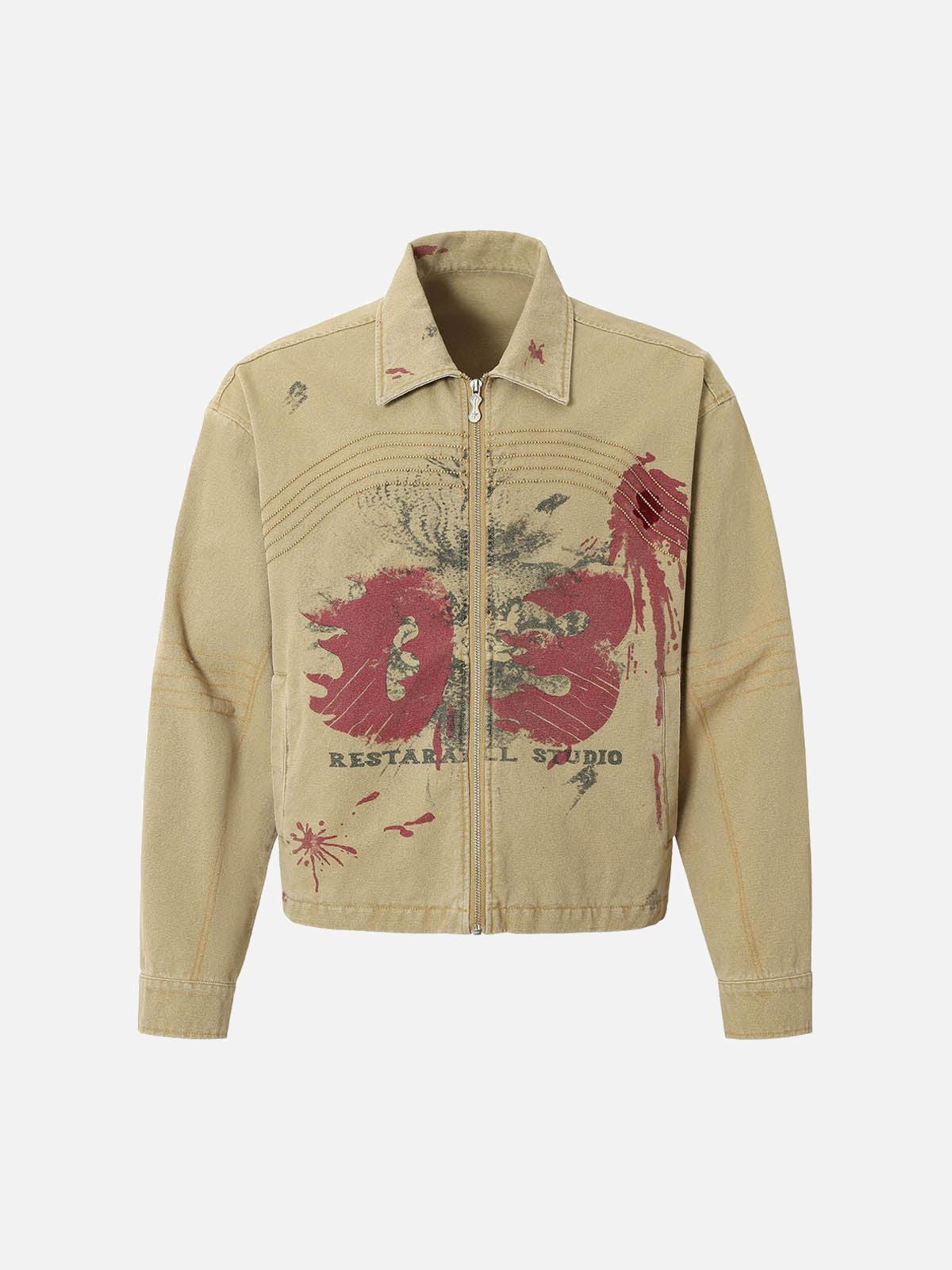 TALISHKO Washed Graffiti Zip Up Workwear Jacket