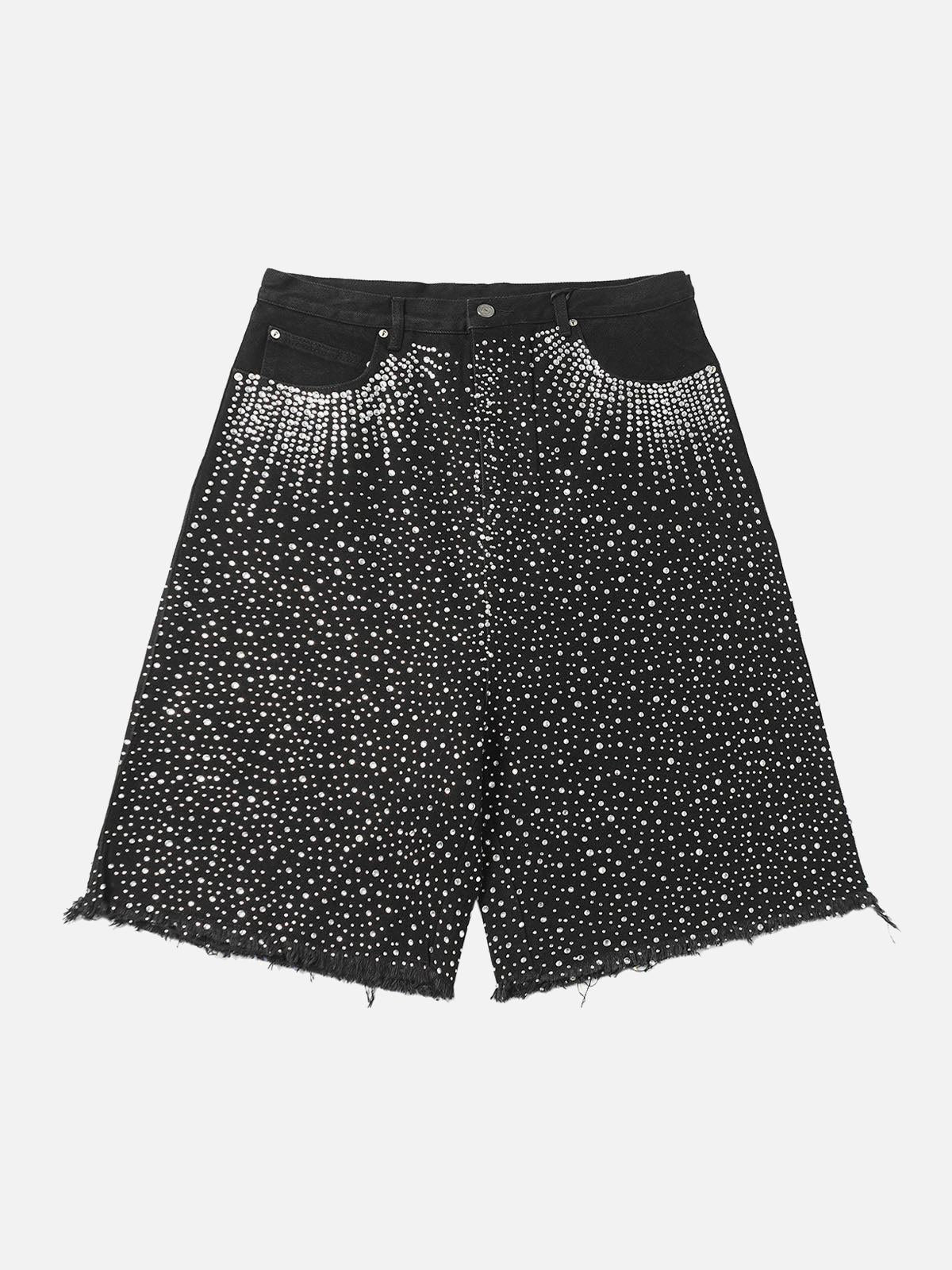TALISHKO Retro Washed Rhinestone Raw Edge Denim Shorts
