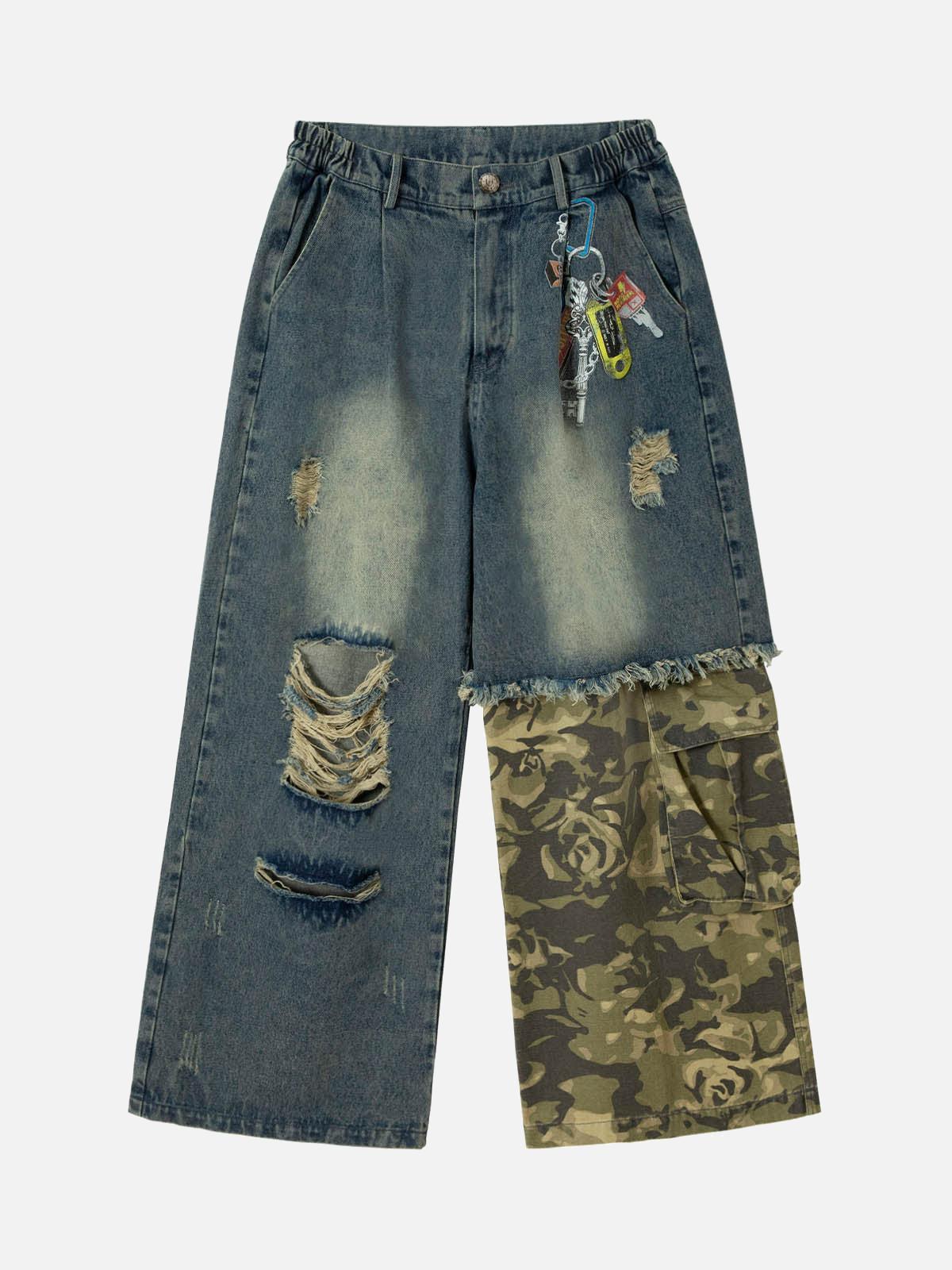 TALISHKO Camouflage Patchwork Workwear Straight Jeans