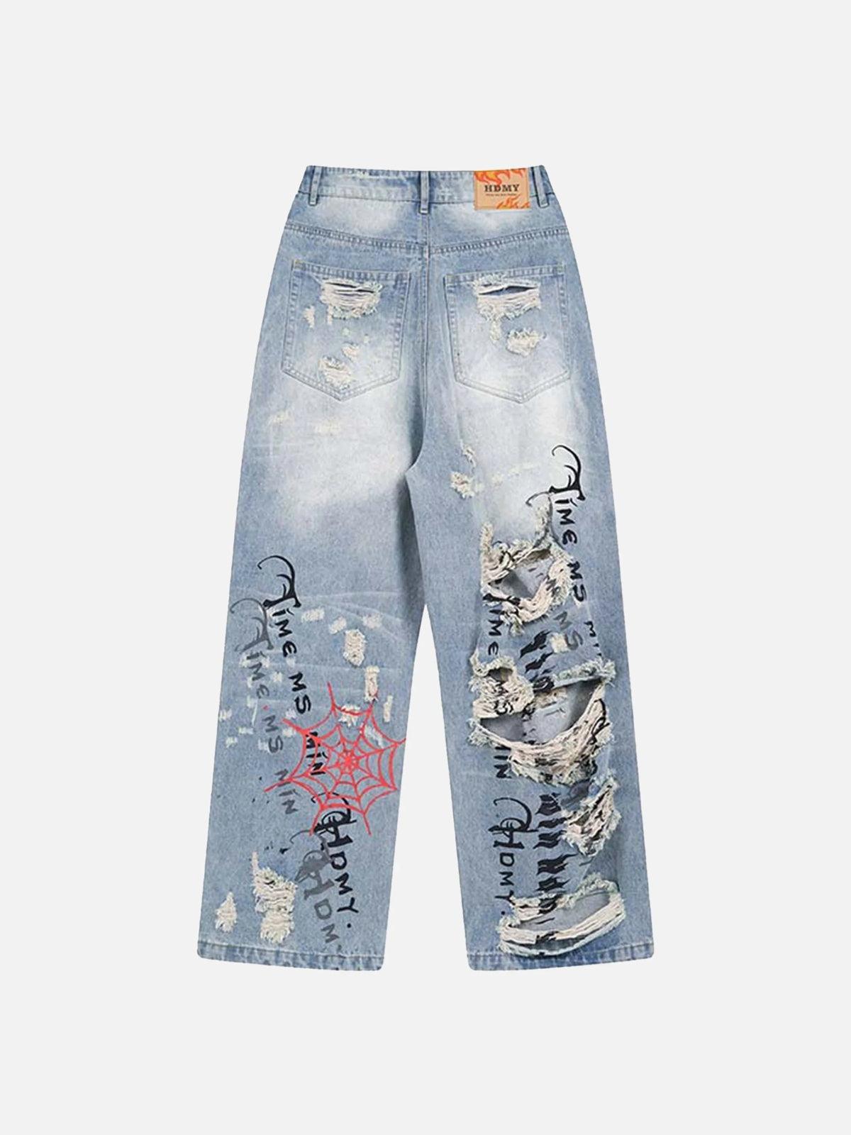 TALISHKO Distressed Spider Letter Print Jeans