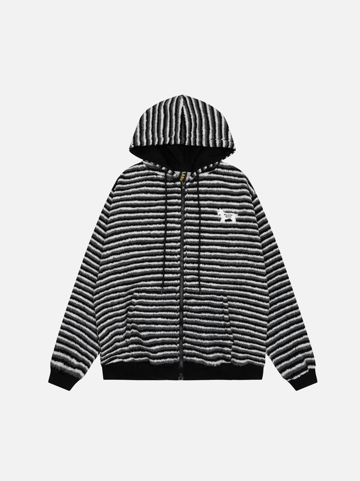 TALISHKO Puppy Patch Embroidered Striped Zip-Up Hoodie