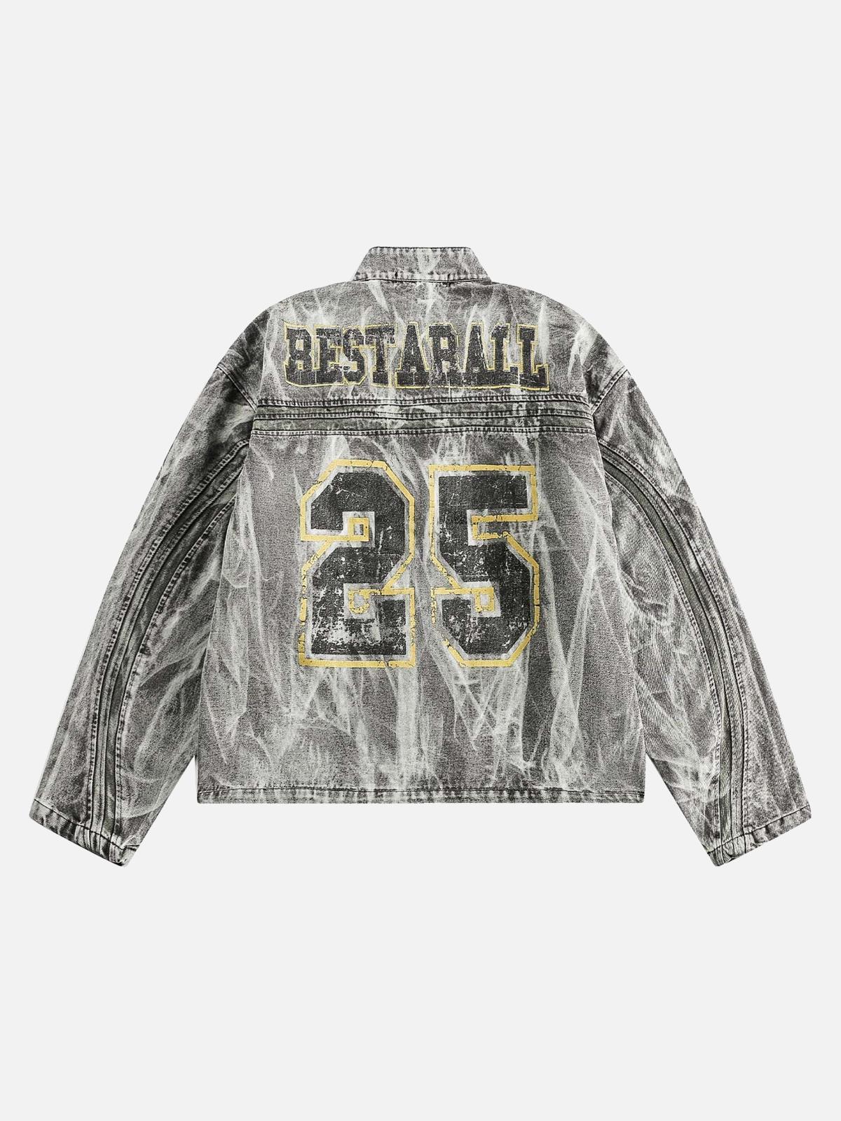 TALISHKO Hip-Hop Distressed Washed Printed Denim Jacket