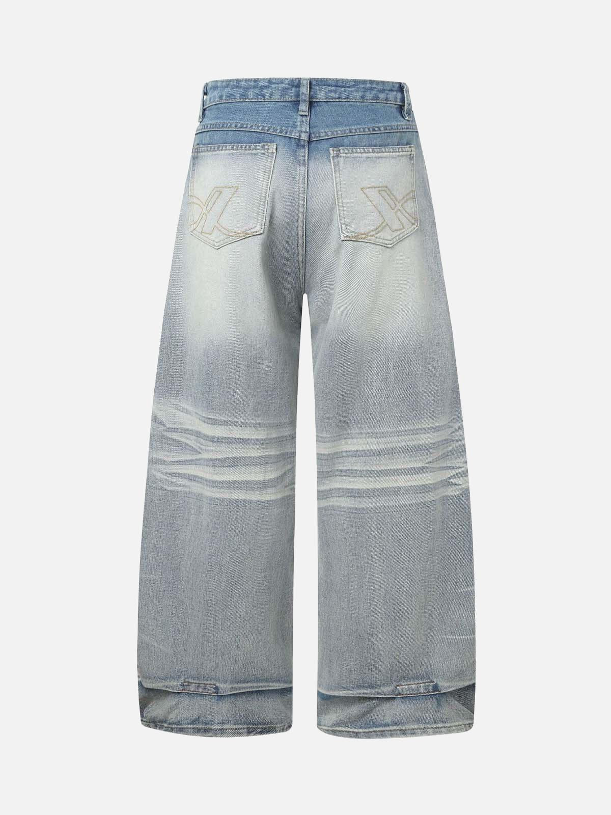 TALISHKO Distressed Washed Whisker Pleated Barrel Jeans