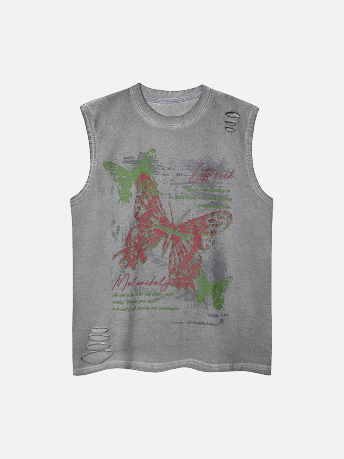 TALISHKO Distressed Graphic Butterfly Print Vest