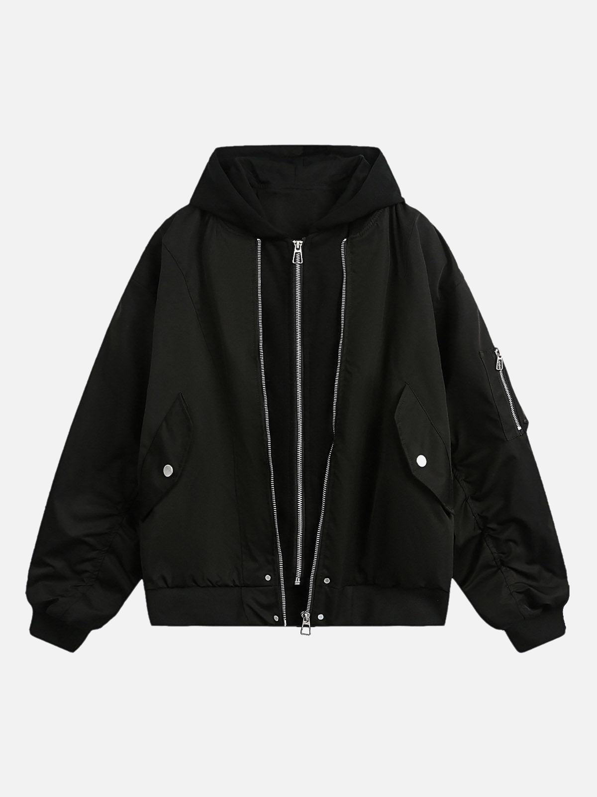 TALISHKO Faux Two-Piece Pleated Spliced Hooded Bomber Jacket