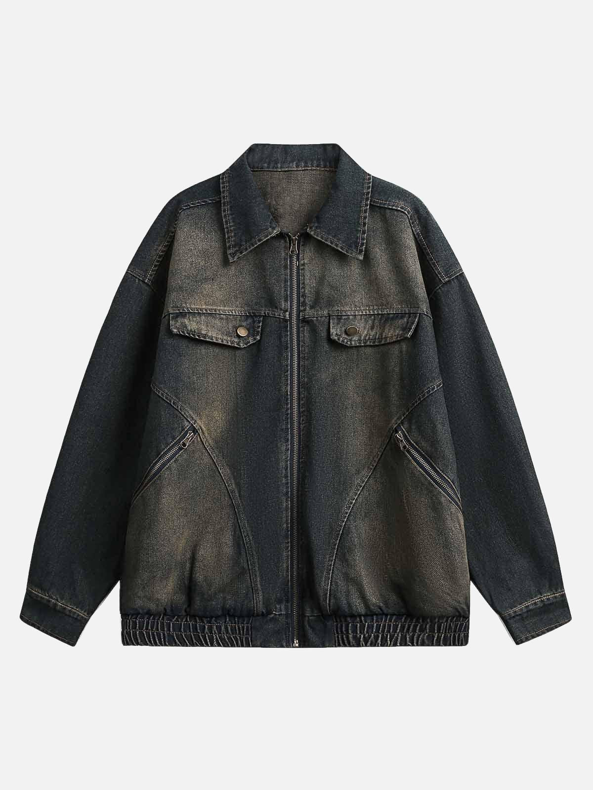 TALISHKO Washed Distressed Multi-Pocket Denim Jacket