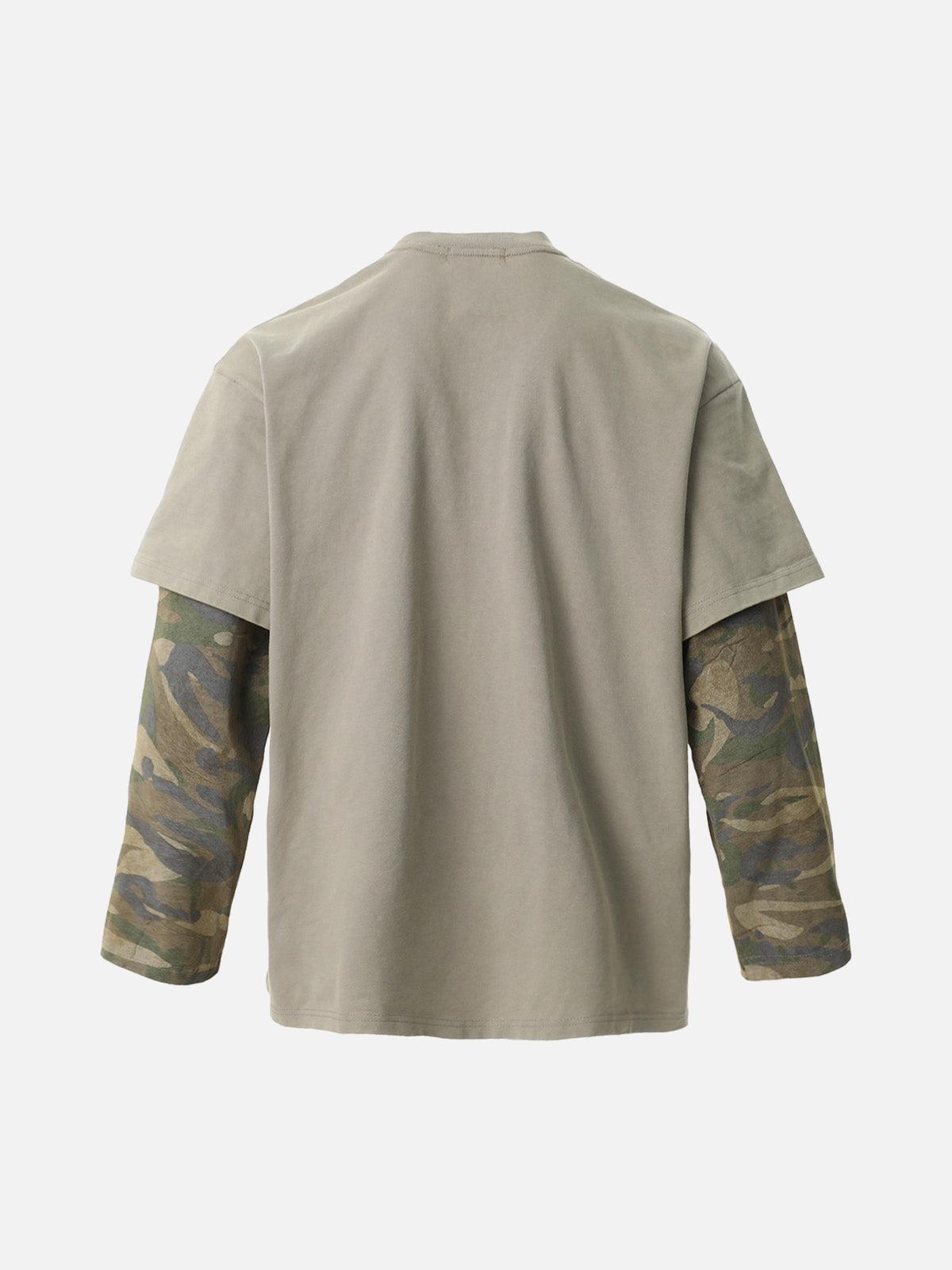 TALISHKO Distressed Camouflage Faux Two-Piece Graphic T-Shirt
