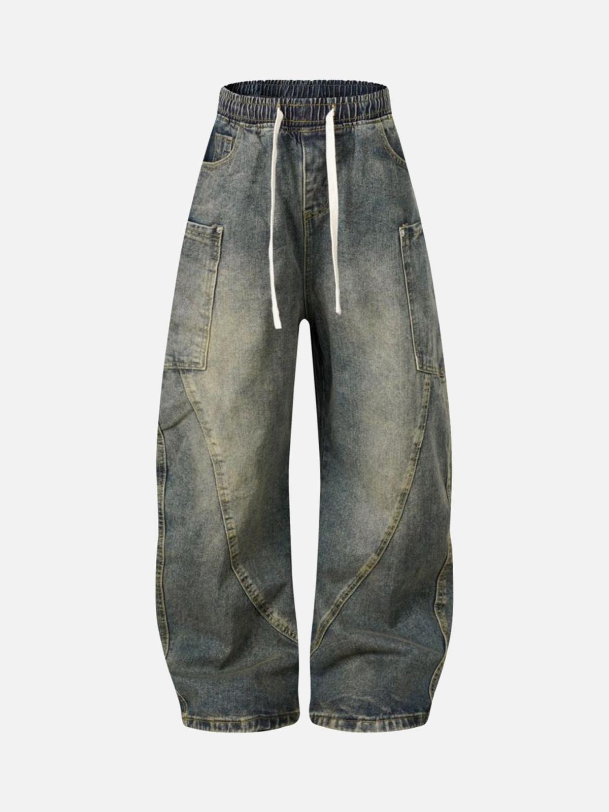 TALISHKO Washed Distressed Split Drawstring Barrel Jeans